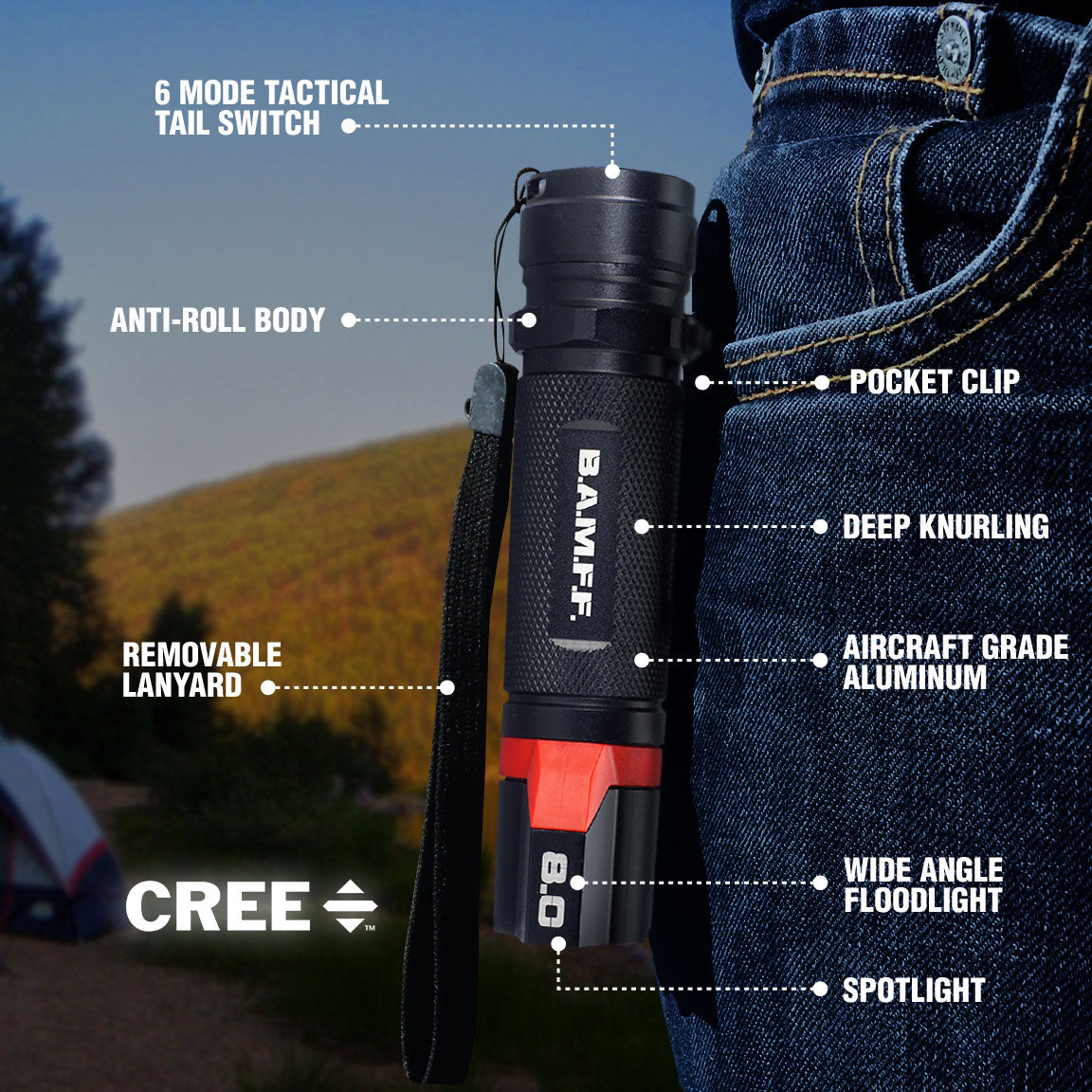 B.A.M.F.F. 8.0 800 Lumen Dual LED Flashlight - High Power Rechargeable Tactical Flashlight for Camping, Hiking, Emergency & Outdoor Adventures