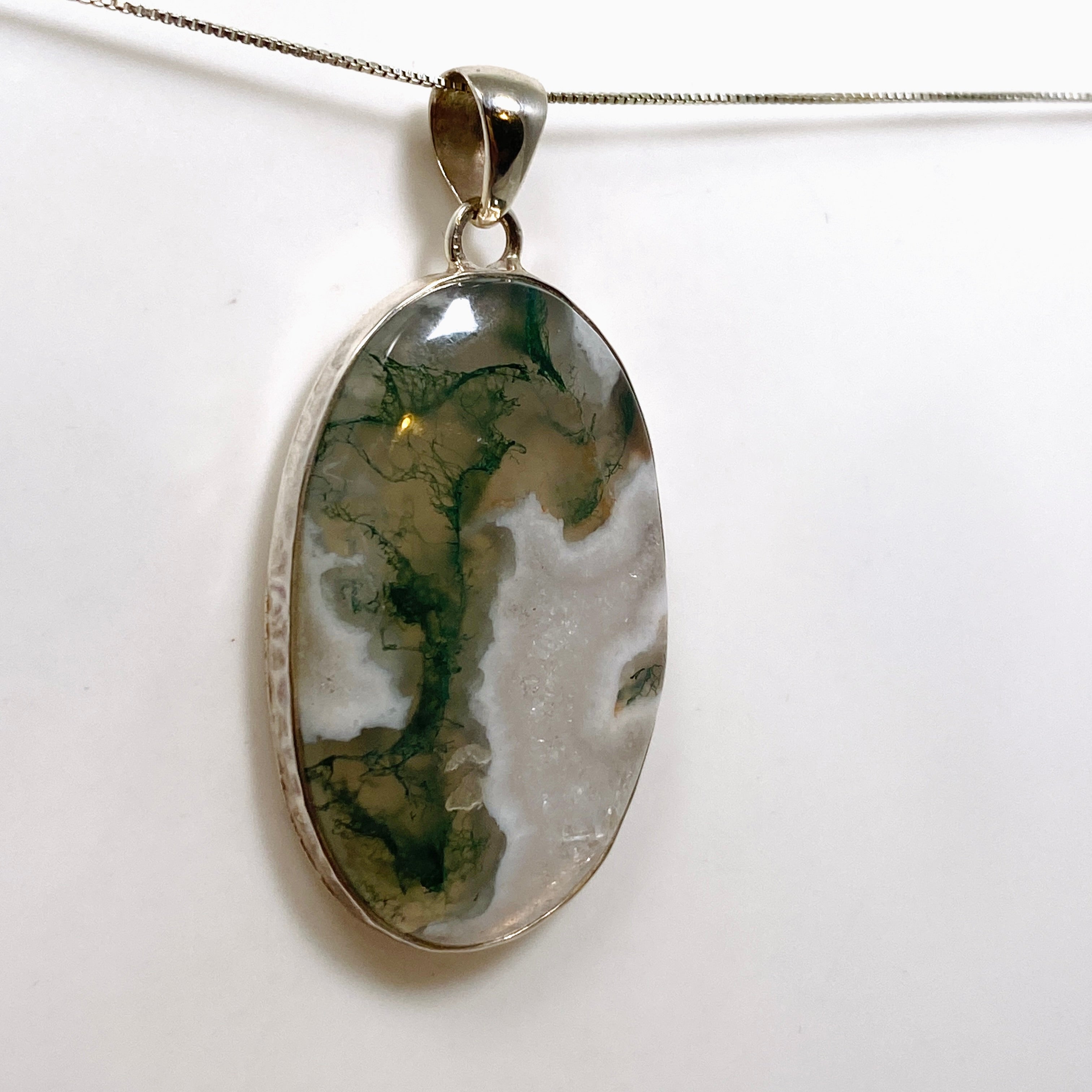 Natural Moss Agate Oval Cabochon Pendant in Handmade Hammered Sterling Silver Setting KPGJ4708 - Perfect for Boho Jewelry, Spiritual Healing & Gift Giving