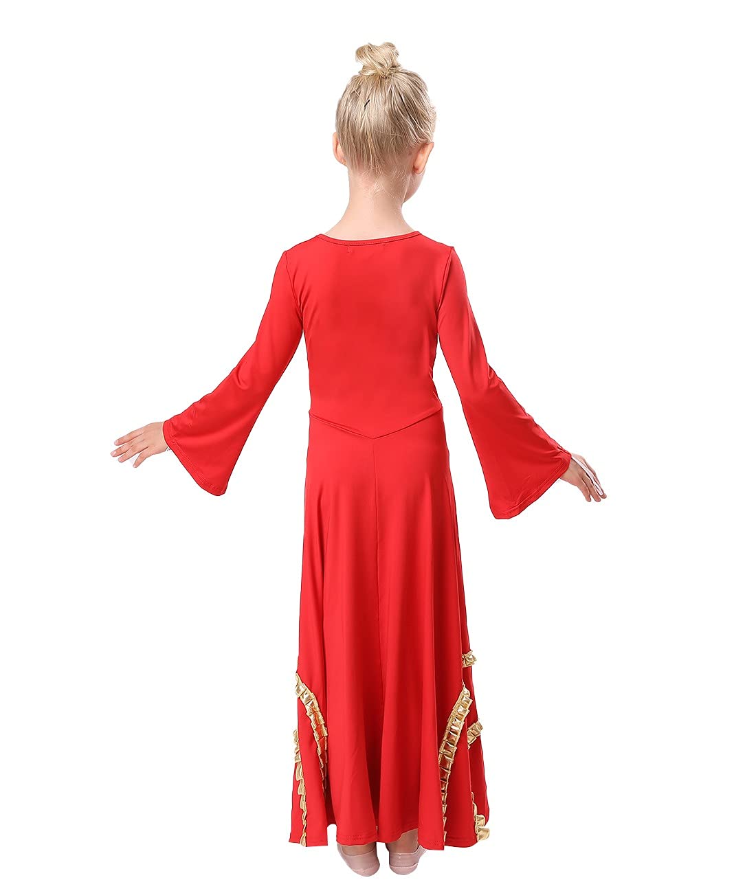 MYRISAM Girls Praise Cross Dance Robe Worship Dress - Bell Sleeve Metallic Ruffles Lyrical Liturgical Wide Swing Praisewear for Church Performances, Choir Concerts & Easter Celebrations