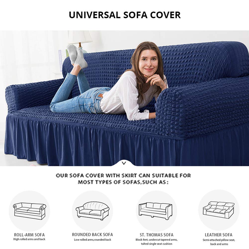 Stretch Sofa Slipcover with Skirt - Popcorn Plaid Jacquard Couch Cover for 1, 2, 3, 4 Seater & Sectional Sofas - Loveseat Protector (93-118 Inch) - Spill & Stain Resistant for Red Wine, Pets & Daily Use - Perfect for Living Room, Family Room & Home Decor
