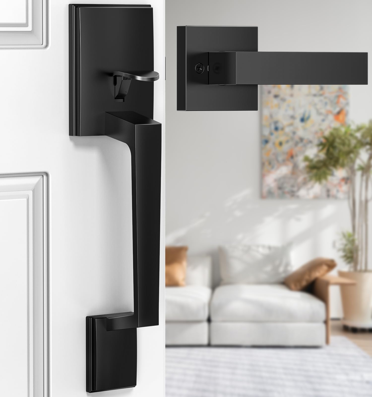 Brightify Modern Matte Black Front Door Handle - Reversible Exterior Entry Door Lever for Left & Right Hand Doors - Passage Function with Lower Half Grip - Perfect for Home, Office & Commercial Buildings