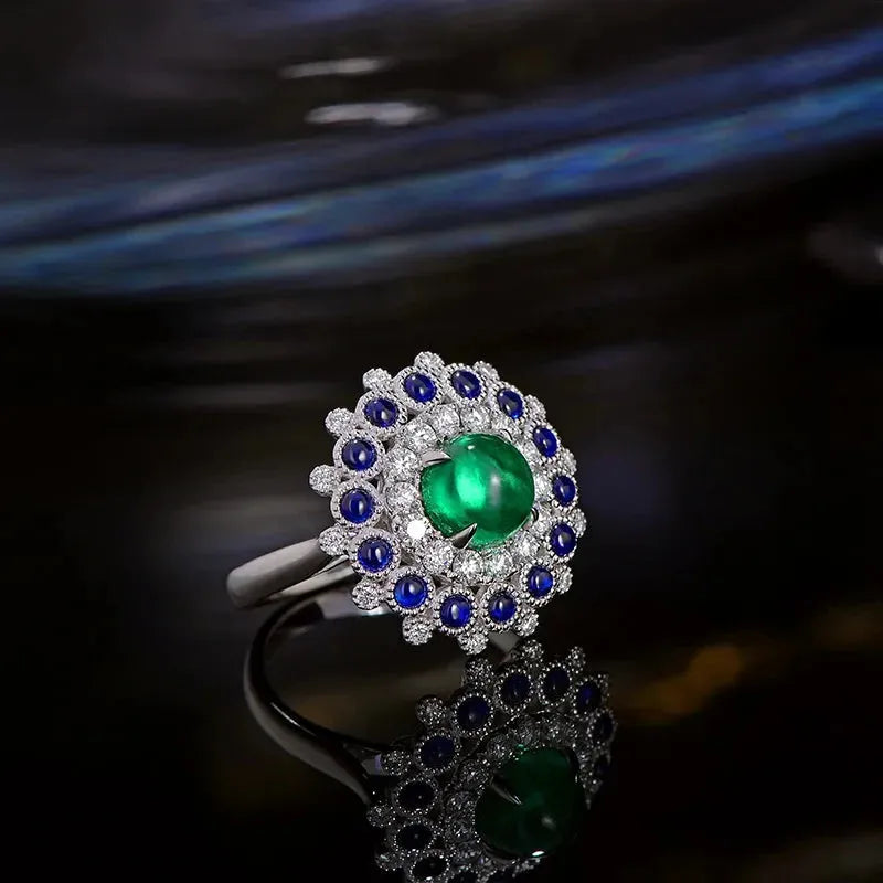 1.85ct Natural Emerald Cabochon Cut 18k White Gold Halo Diamond Sapphire Engagement Ring for Women - Perfect for Proposals, Anniversaries & Special Occasions