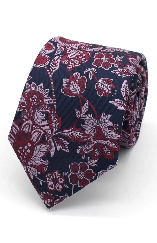 L A Smith Lilac And Raspberry On Navy Bold Floral Tie And Pocket Square Set - Perfect for Weddings, Formal Events & Vintage Style Outfits