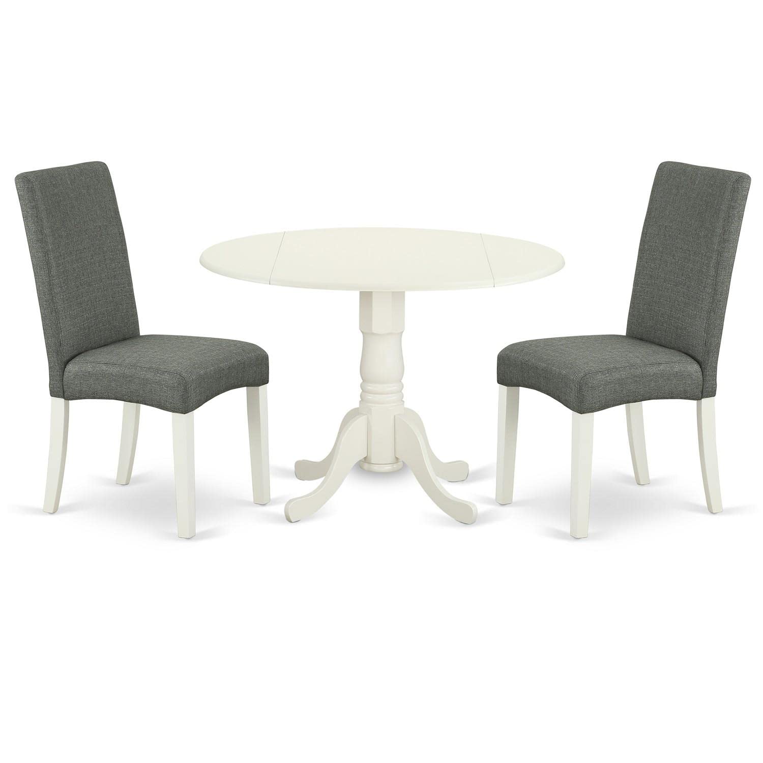 East West Furniture DLDR3-LWH-07 3-Piece Round Kitchen Dining Set with Drop Leaf Table & 2 Gray Linen Parsons Chairs, 42x42 Inches, Linen White - Perfect for Small Spaces, Breakfast Nooks & Cozy Apartments