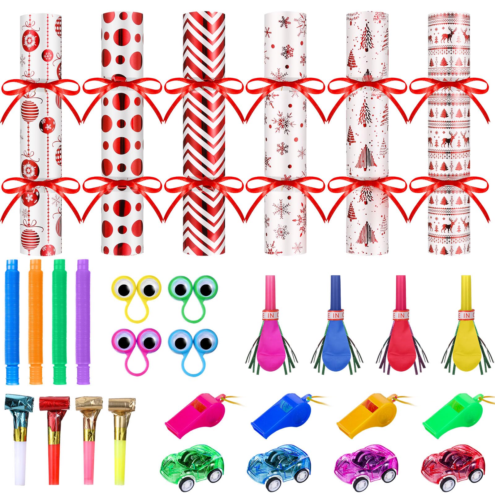 Syhood 24 Pack Christmas Party Crackers with Prizes & Toys - DIY Holiday Table Favors Set for Kids (Red) - Perfect for Xmas Parties, Gift Exchanges & Family Gatherings