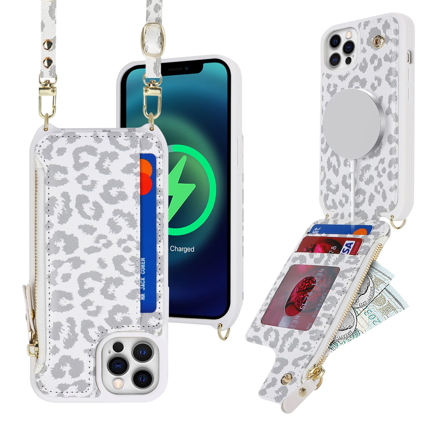 Premium Magnetic Wallet Case for iPhone 12/12 Pro - Slim Protective Cover with Card Holder & Crossbody Strap | Magsafe Compatible | Leopard White Design | Perfect for Women's Everyday Use, Travel & Shopping