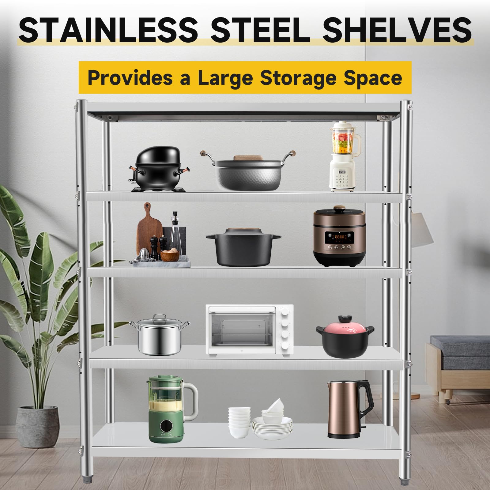 5-Tier Stainless Steel Shelving Unit 60x18x70 Inches - Adjustable Storage Rack for Kitchen, Commercial & Office Use - Heavy Duty Metal Shelves for Pantry, Warehouse, Garage Organization