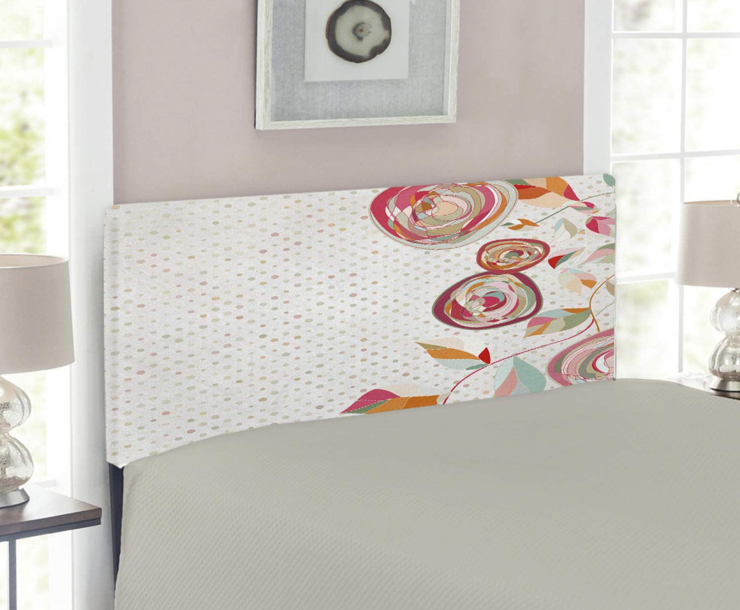 Ambesonne Floral Headboard - Abstract Flower Petals & Fractal Buds on Polka Dot Backdrop - Upholstered Decorative Metal Bed Headboard with Memory Foam - Twin Size Multicolor - Perfect for Bedroom Decor & Guest Room Styling