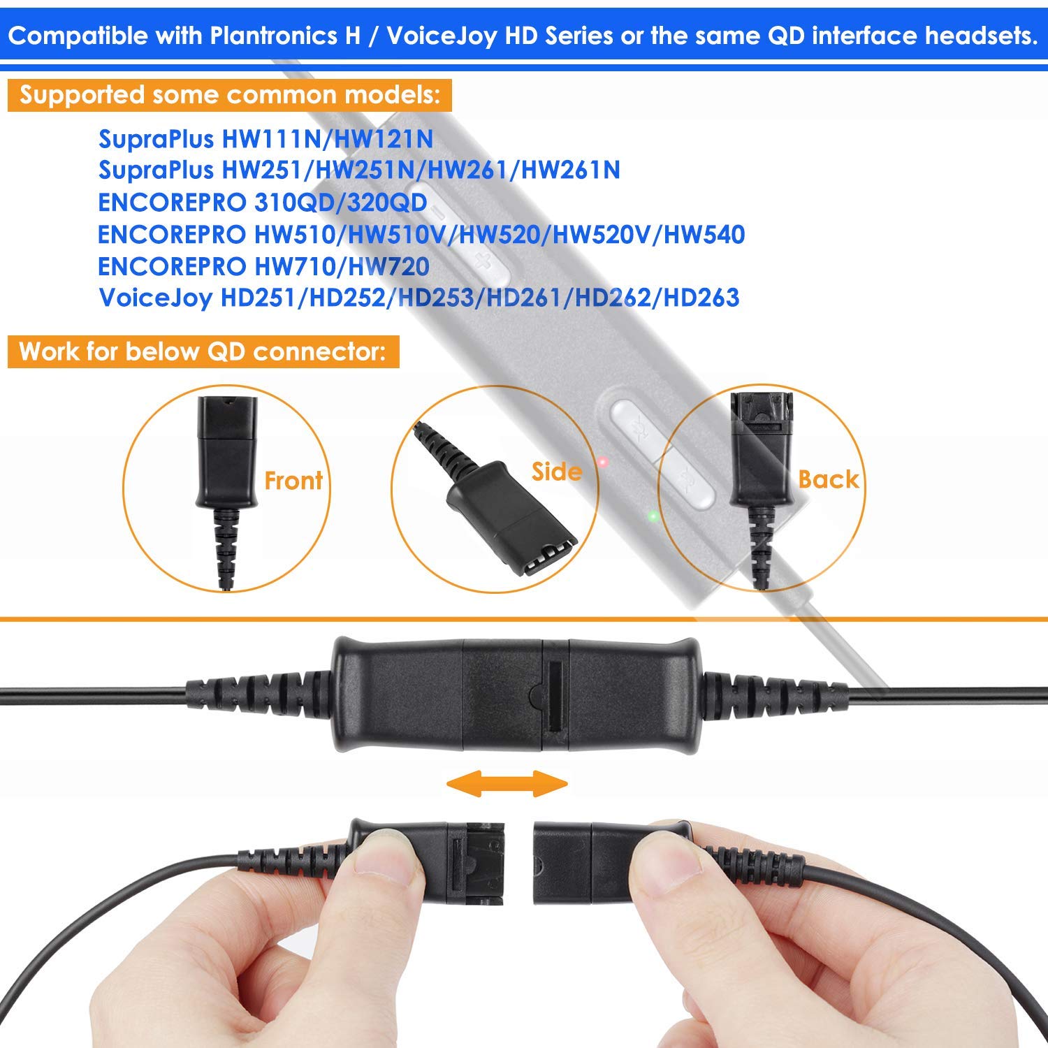 VoiceJoy QD to USB Adapter Cable with Volume Control & Separate Mute for Speaker/Microphone - Compatible with Plantronics Headsets (Perfect for Call Centers, Online Meetings & Gaming Headsets)