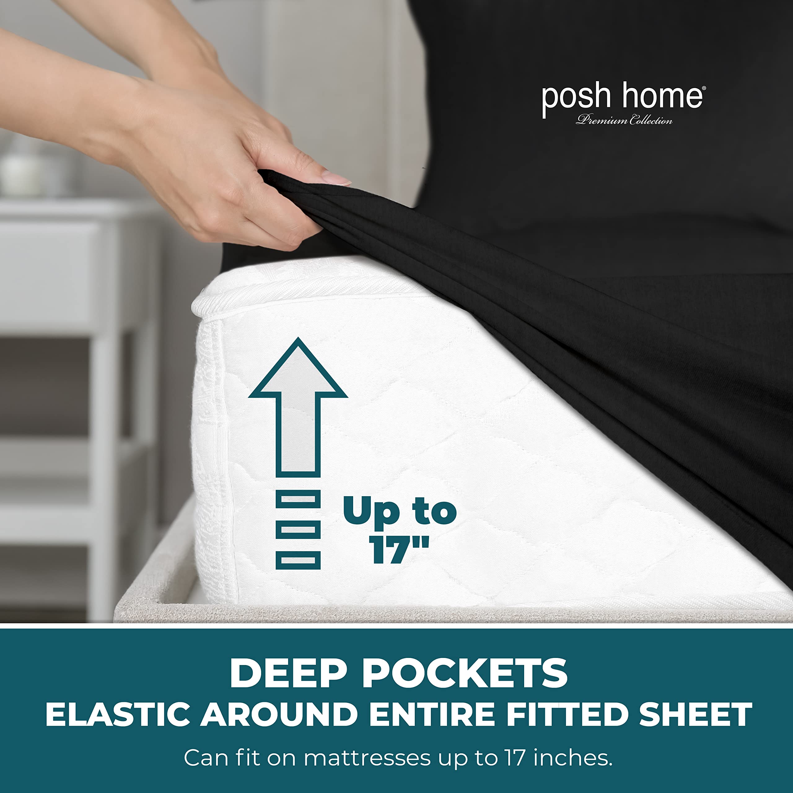Posh Home Jersey Knit Sheet Set - 4-Piece Soft & Breathable Cotton Jersey Bed Sheets - Includes Flat Sheet, Fitted Sheet & 2 Pillowcases - California King Size, Black - Perfect for Cozy Nights & Luxurious Sleep