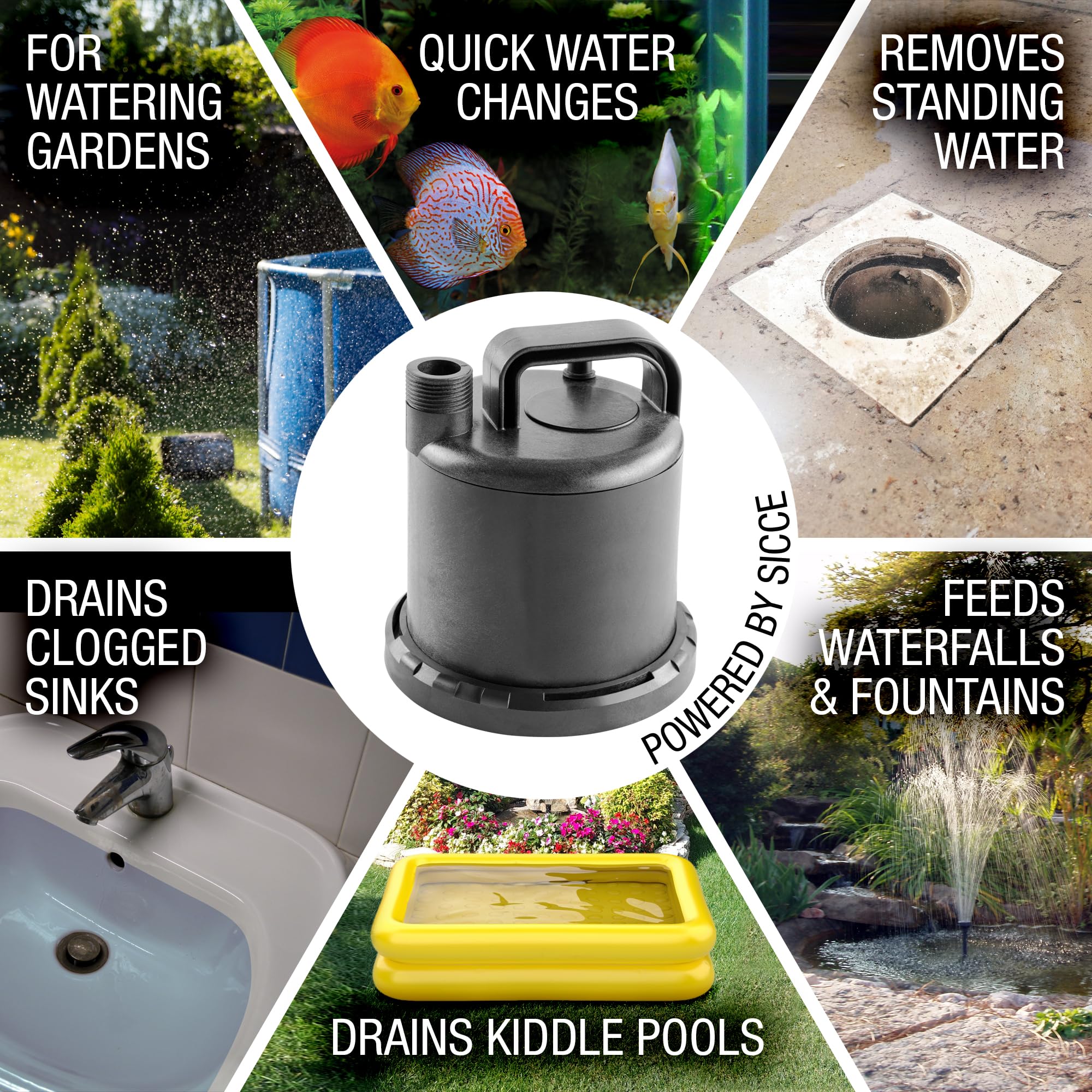 SICCE Ultra Zero 793 GPH Multi-Purpose Water Pump - Quiet Durable Aquarium, Fish Tank, Fountain, Pond, Hydroponics, Terrarium Pump - Garden Hose Connection with Portable Handle - Freshwater & Saltwater Safe - Ideal for Indoor/Outdoor Water Features, Hydroponic Systems, and Aquatic Habitats
