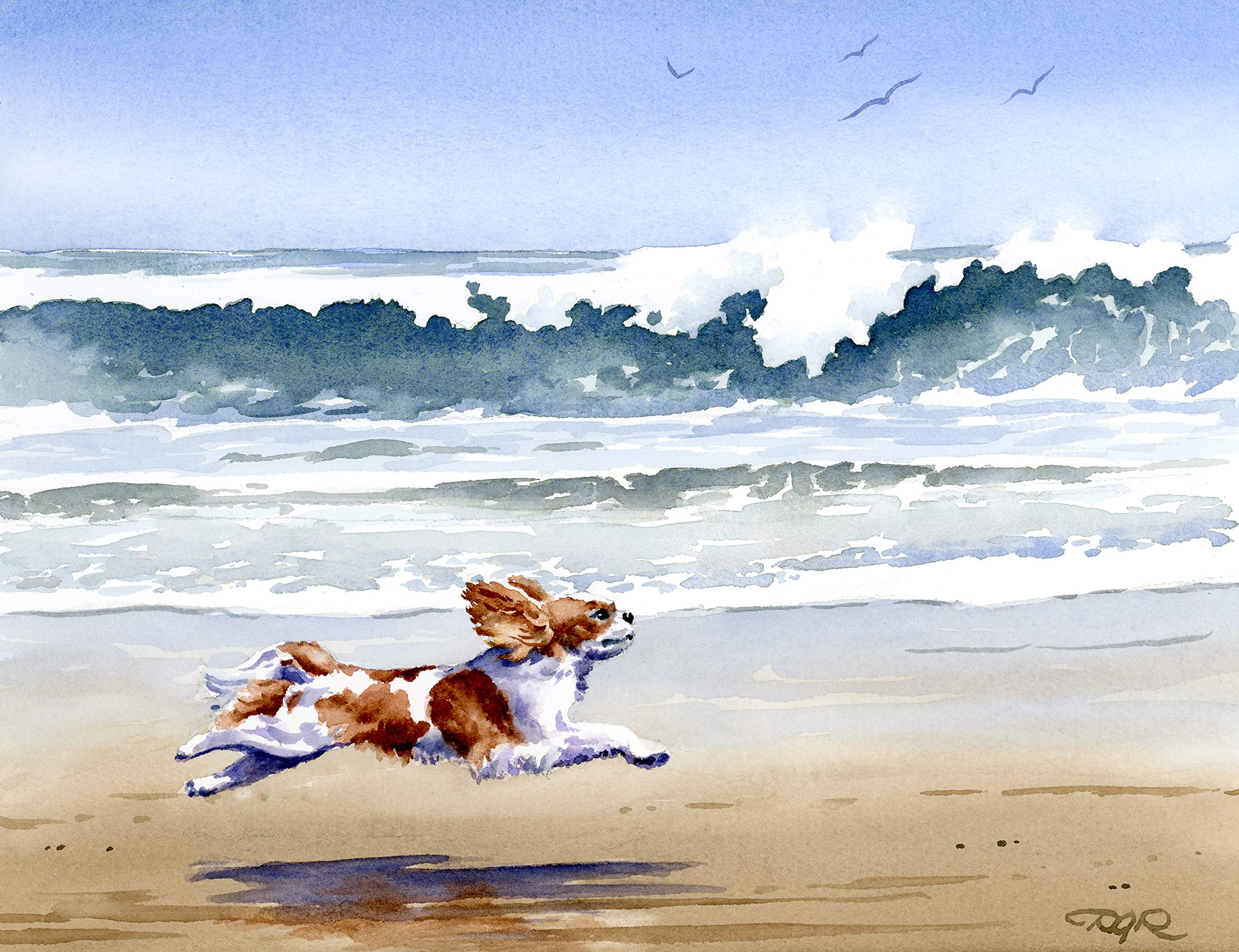 Cavalier King Charles Spaniel Beach Running Watercolor Art Print by DJ Rogers - Oversized Wall Decor for Living Room, Bedroom & Office