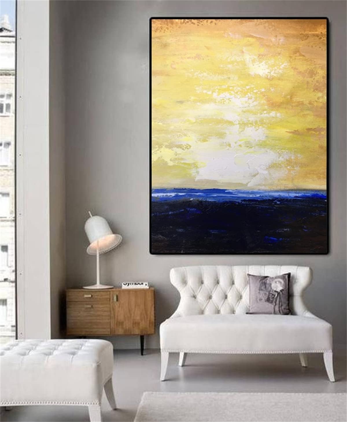 Large Blue Ocean Abstract Painting - Handmade Canvas Wall Art with Yellow Sky & Waves - Perfect for Living Room, Bedroom & Office Decor
