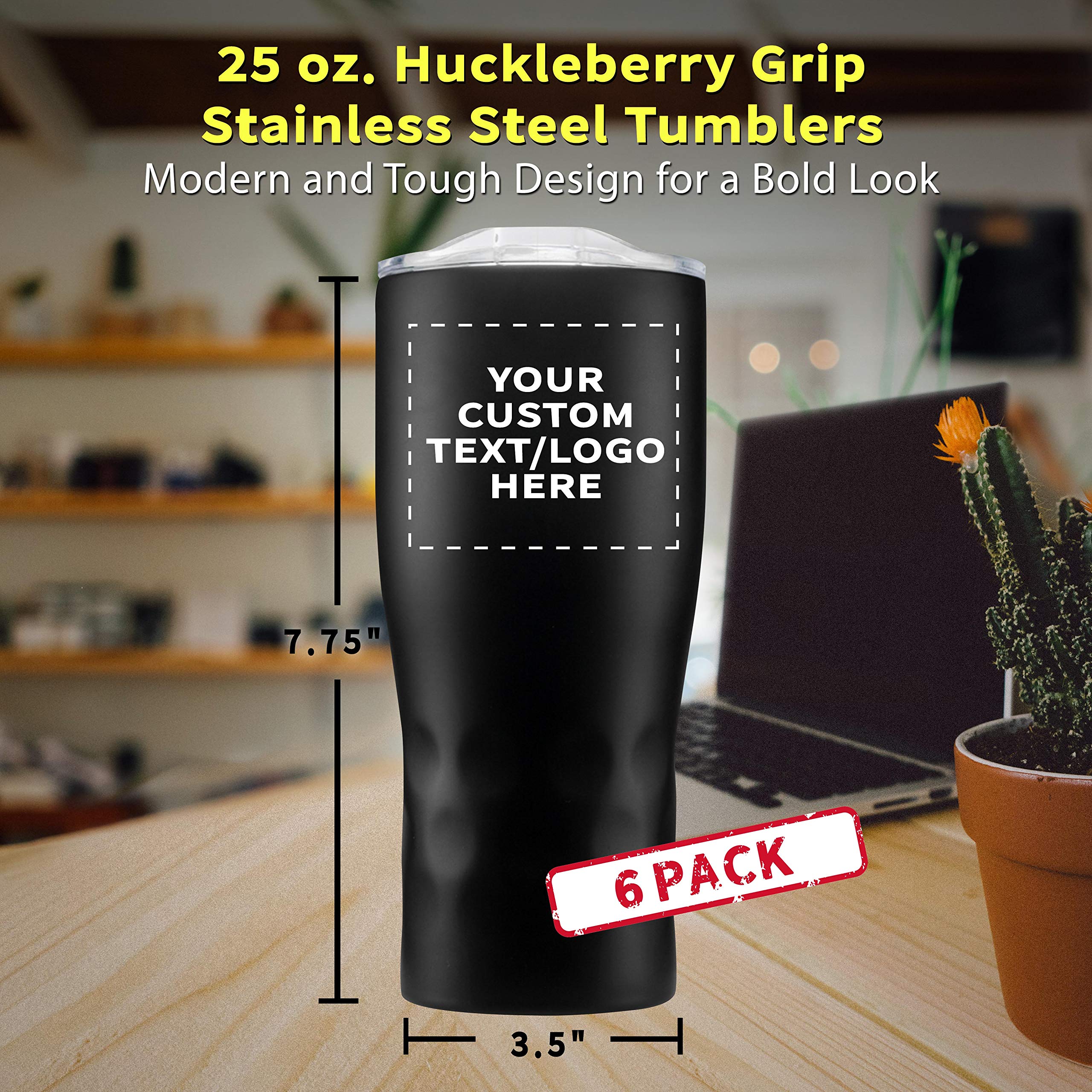 Personalized 25 oz Stainless Steel Tumblers with Huckleberry Grip - 6 Pack Custom Engraved Cups for Name, Logo - Black Insulated Travel Mug for Coffee, Tea, Camping & Office Use