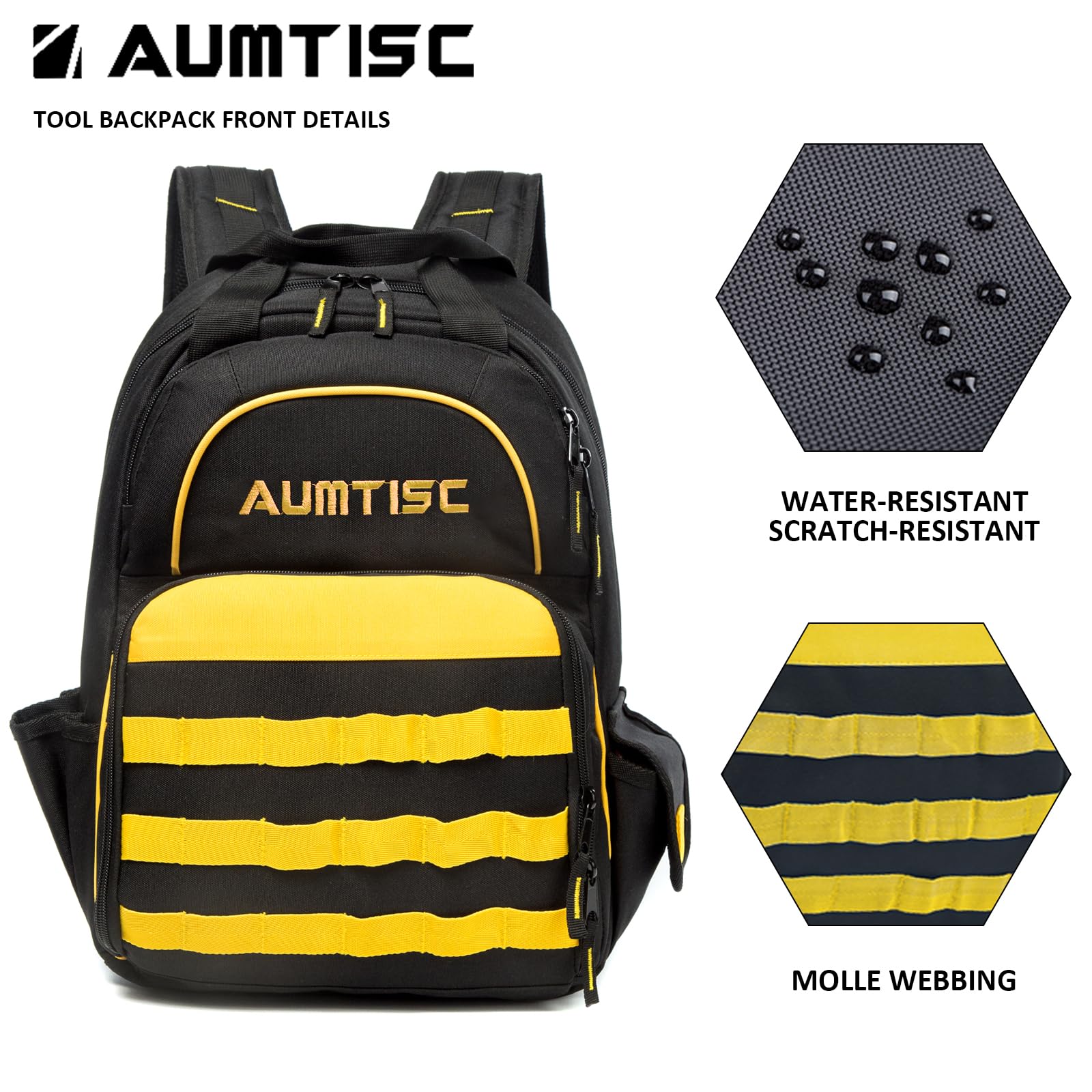 Heavy-Duty Tool Backpack for Men - AUMTISC Construction Work Bag with Multiple Pockets for Electricians, HVAC Techs & Repairmen | Durable Yellow Tool Storage Organizer | Perfect for Job Sites, Industrial Work & Home Repairs
