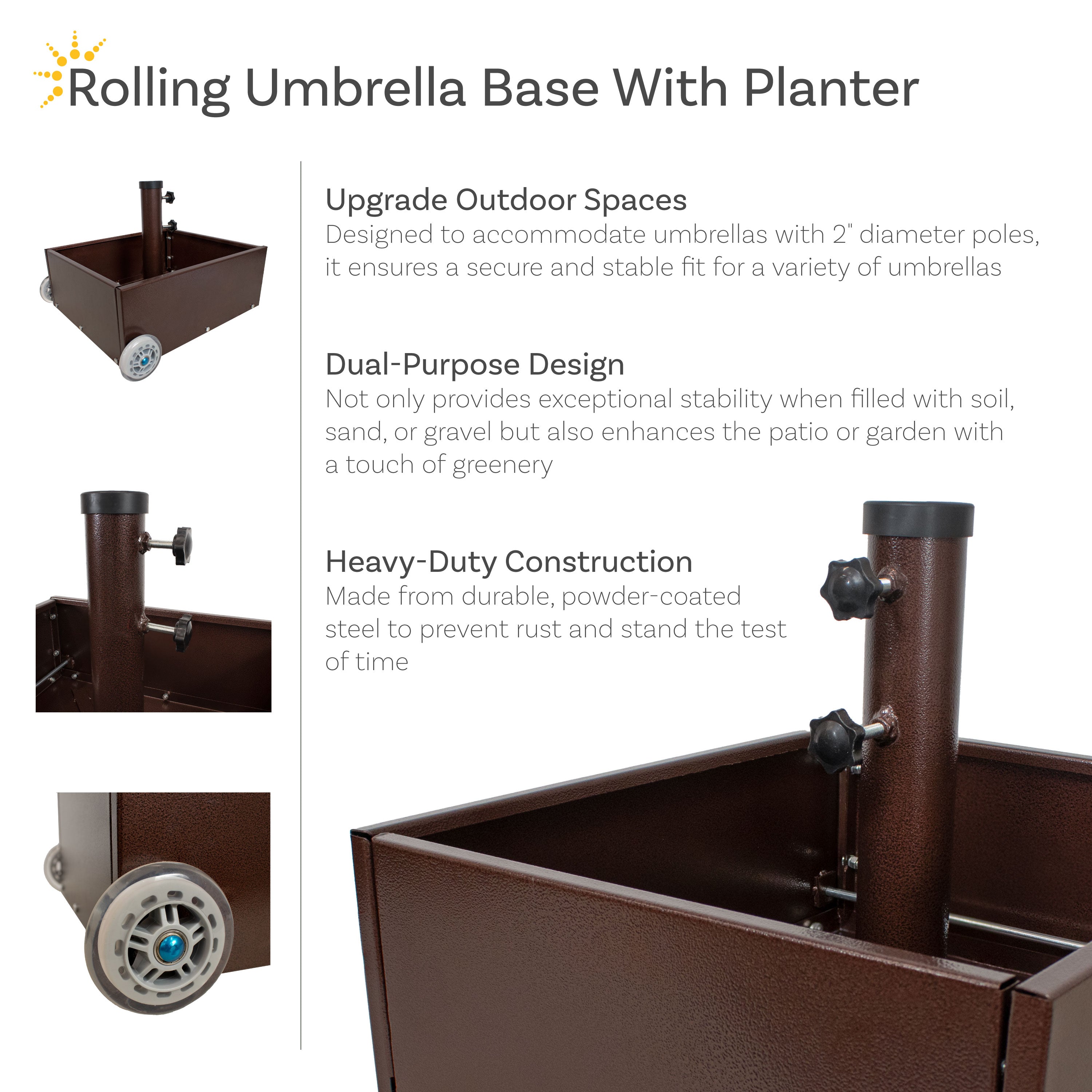 Heavy Duty Patio Umbrella Stand with Wheels & Planter - Outdoor Garden Decor for Poolside, Deck, Backyard, and Patio Use