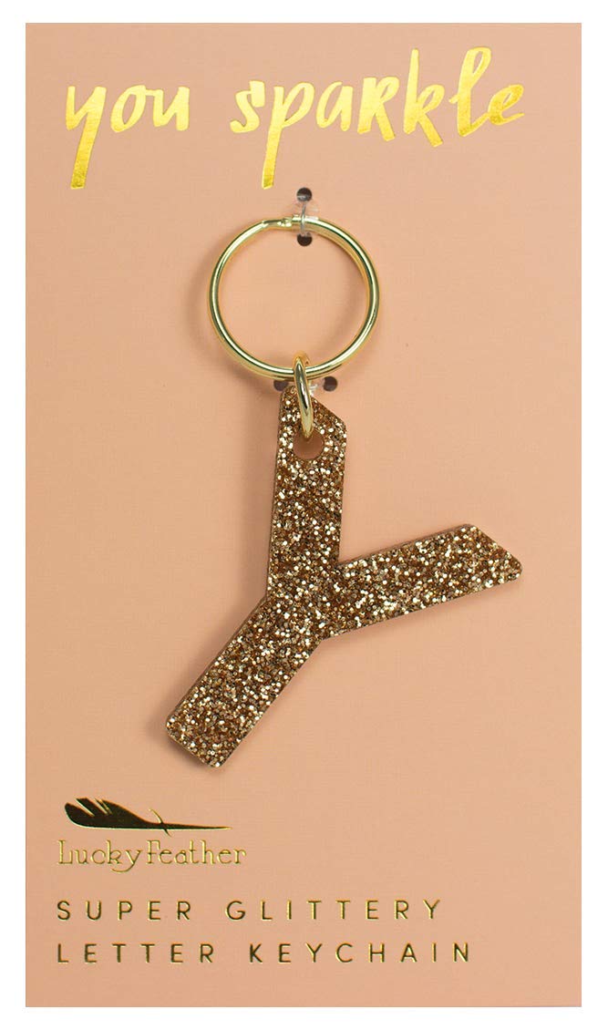Lucky Feather Initial Keychain - Gold Glitter Letter Key Chain for Women & Men | Personalized Purse Charm, Bag Accessory | Perfect Gift for Birthdays, Anniversaries | Use for Keys, Wallets, Backpacks & Gifts