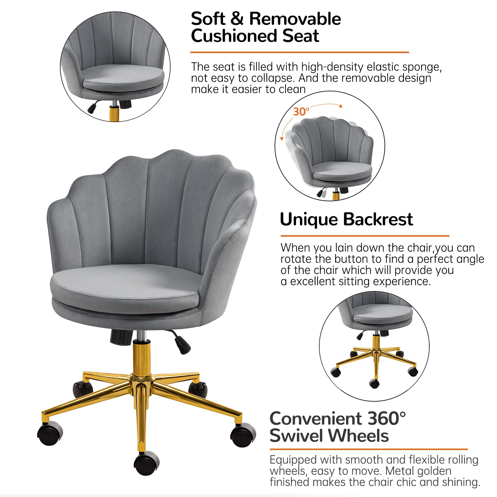 Furniliving Velvet Vanity Chair with Thick Cushion - Adjustable Swivel Makeup Chair with Seashell Back & Metal Legs for Bedroom, Home Office, Dressing Room (Grey) | Ergonomic Upholstered Task Chair for Makeup Vanity, Computer Desk & Beauty Salon
