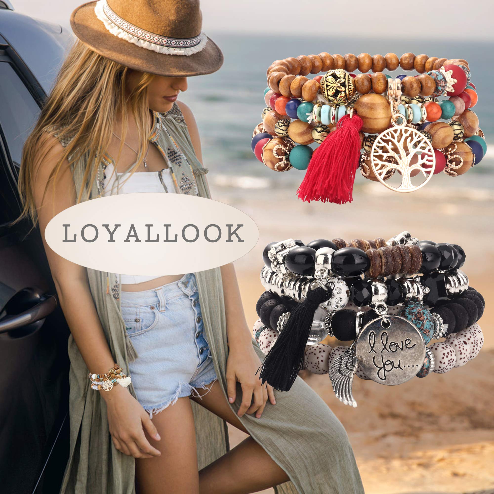 LOYALLOOK 8 Sets Bohemian Stackable Bead Bracelets for Women - Stretch Multilayered Boho Bracelet Set with Colorful Beads, Tassels & Charms | Handmade Jewelry for Festival, Beach, Party & Everyday Wear