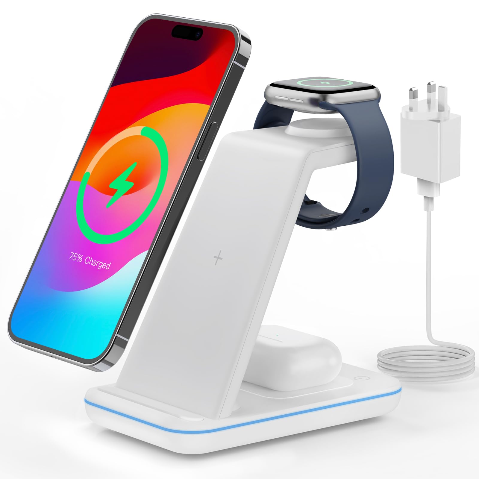 3-in-1 Fast Wireless Charging Station for iPhone 16/15/14/13/12/Pro Max/X/8, Apple Watch Series 10-1 & AirPods Pro/4/3/2 - 18W Qi-Certified Charger Stand with Power Adapter (White) - Perfect for Bedside, Office Desk & Travel Charging