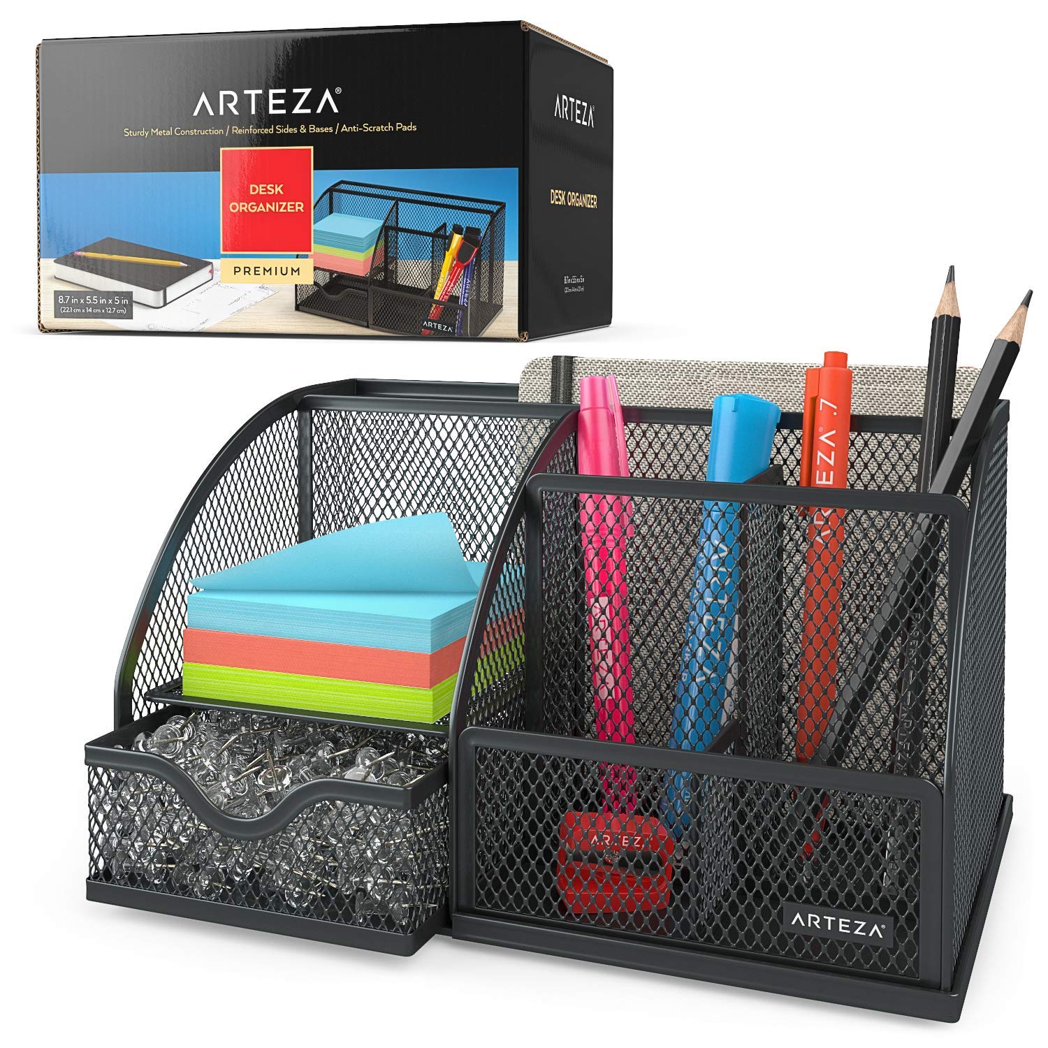 Arteza Black Mesh Metal Office Desk Organizer with Drawer - 6 Compartment Multifunctional Desktop Organizer for Pens, Pencils, Notes, Staplers, Scissors & Office Supplies | Perfect for Home Office, School Desk & Workspace Organization