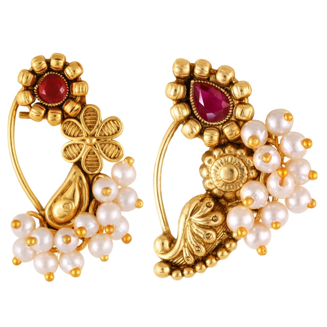 Vighnaharta Golden Moti Pearls Nose Pin - Gold Plated Alloy Nose Ring Set - Valentine's Day Gift for Her/Him - Elegant Jewelry for Women - Perfect for Weddings, Parties & Special Occasions [VFJ1173-1171NTH-Press-Red]