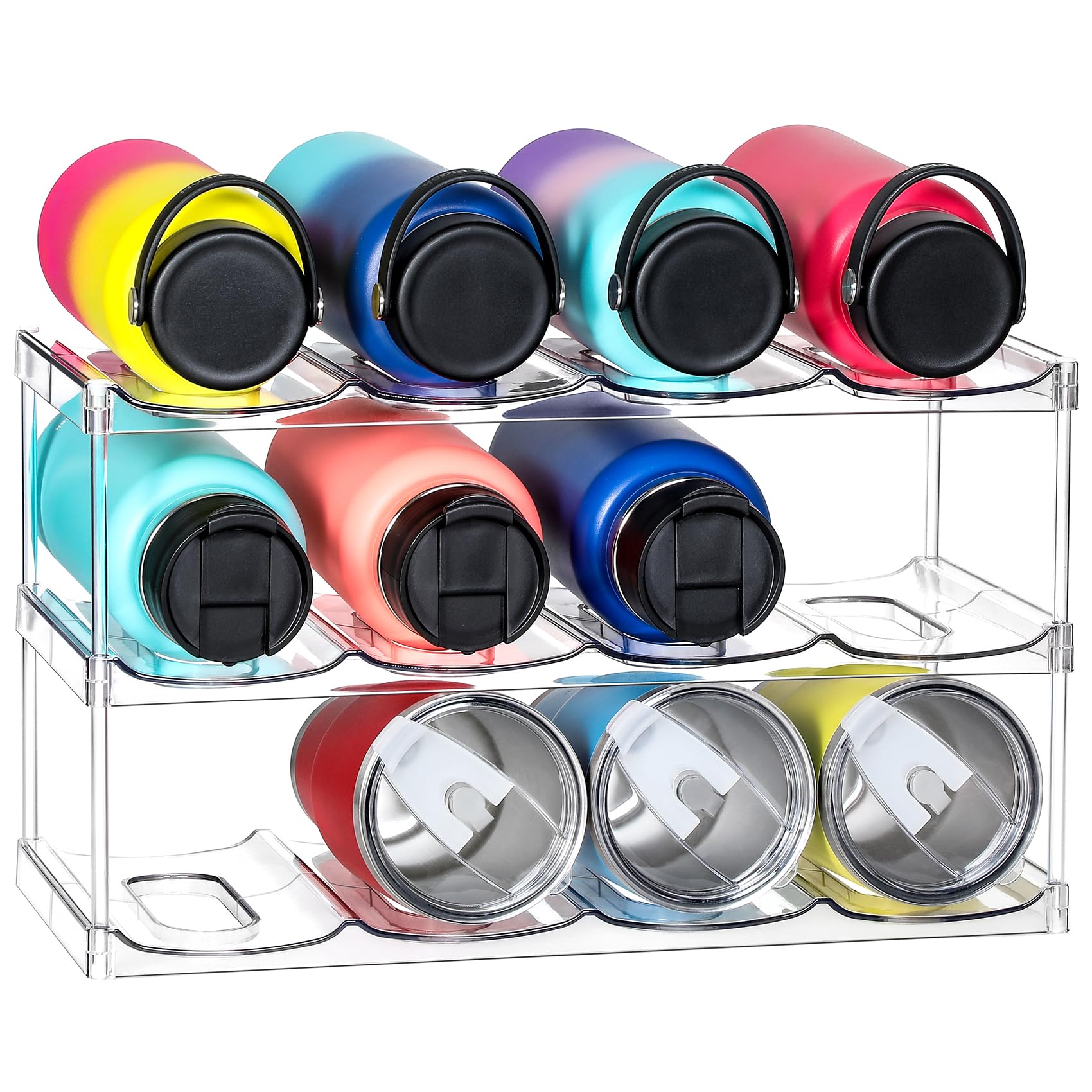 3 Tier Stackable Water Bottle Organizer Holder for Cabinet - Clear Plastic Storage Rack for Stanley 40 oz Tumblers & Large Cups - Space Saving Kitchen Countertop, Pantry, Fridge Organizer (Holds 12 Bottles) - Perfect for Home, Office, Dorm & RV Organization
