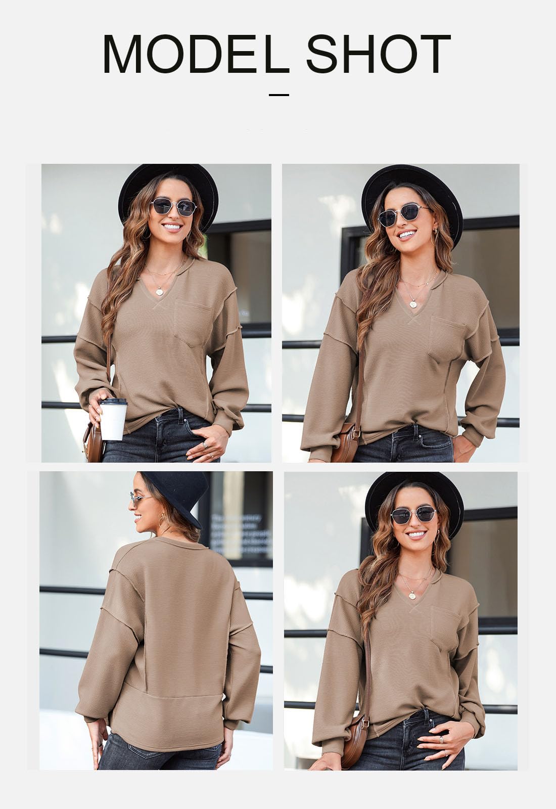 BLENCOT Women's Casual Crew Neck Long Sleeve Sweatshirt - 2024 Fashion Waffle Knit Pullover Top with Pocket | Comfortable Loungewear & Everyday Wear for Fall & Winter