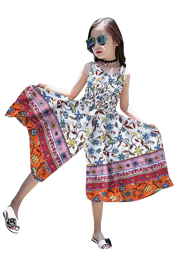 BINPAW Girls Floral Boho Sleeveless Maxi Dress - Casual Summer Beach Jumpsuit for Kids | Perfect for Vacations, Parties & Outdoor Play