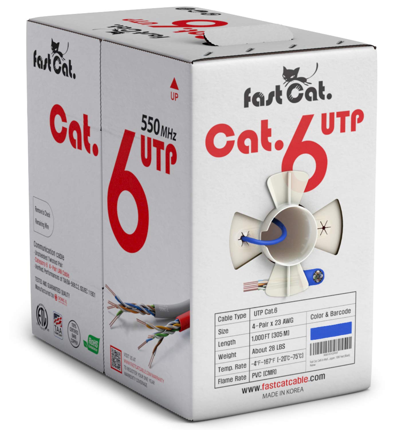 High-Speed Cat 6 Ethernet Cable 1000ft (Blue) - 23 AWG, CMR Rated, Solid Bare Copper Wire, Noise-Reducing Cross Separator - 550MHz/10Gbps UTP LAN Cable for Home, Office & Data Center Networking