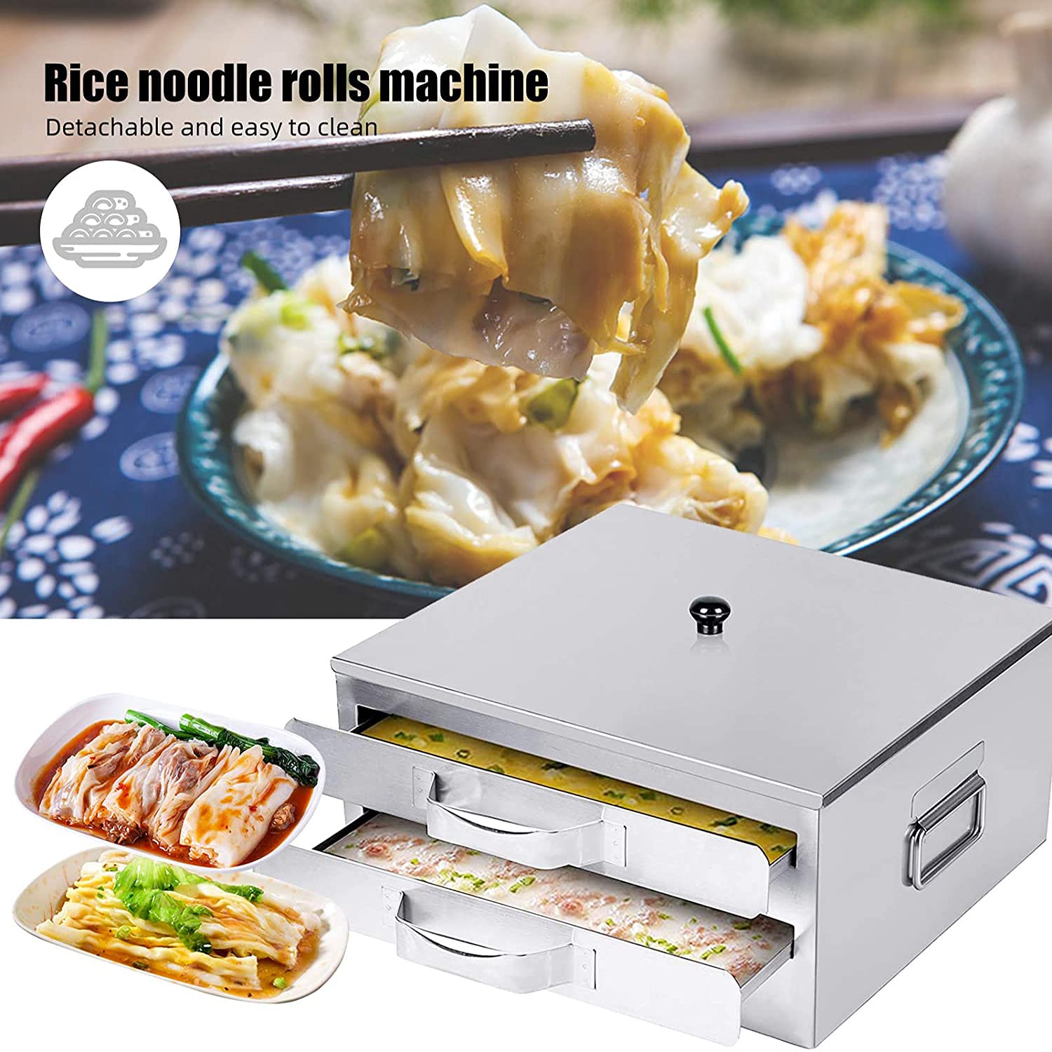 Premium Stainless Steel Rice Roll Maker - 1 Layer Cantonese Steamer for Homemade Rice Noodle Rolls | Commercial & Home Kitchen Use | Perfect for Dim Sum, Breakfast & Asian Cuisine Preparation