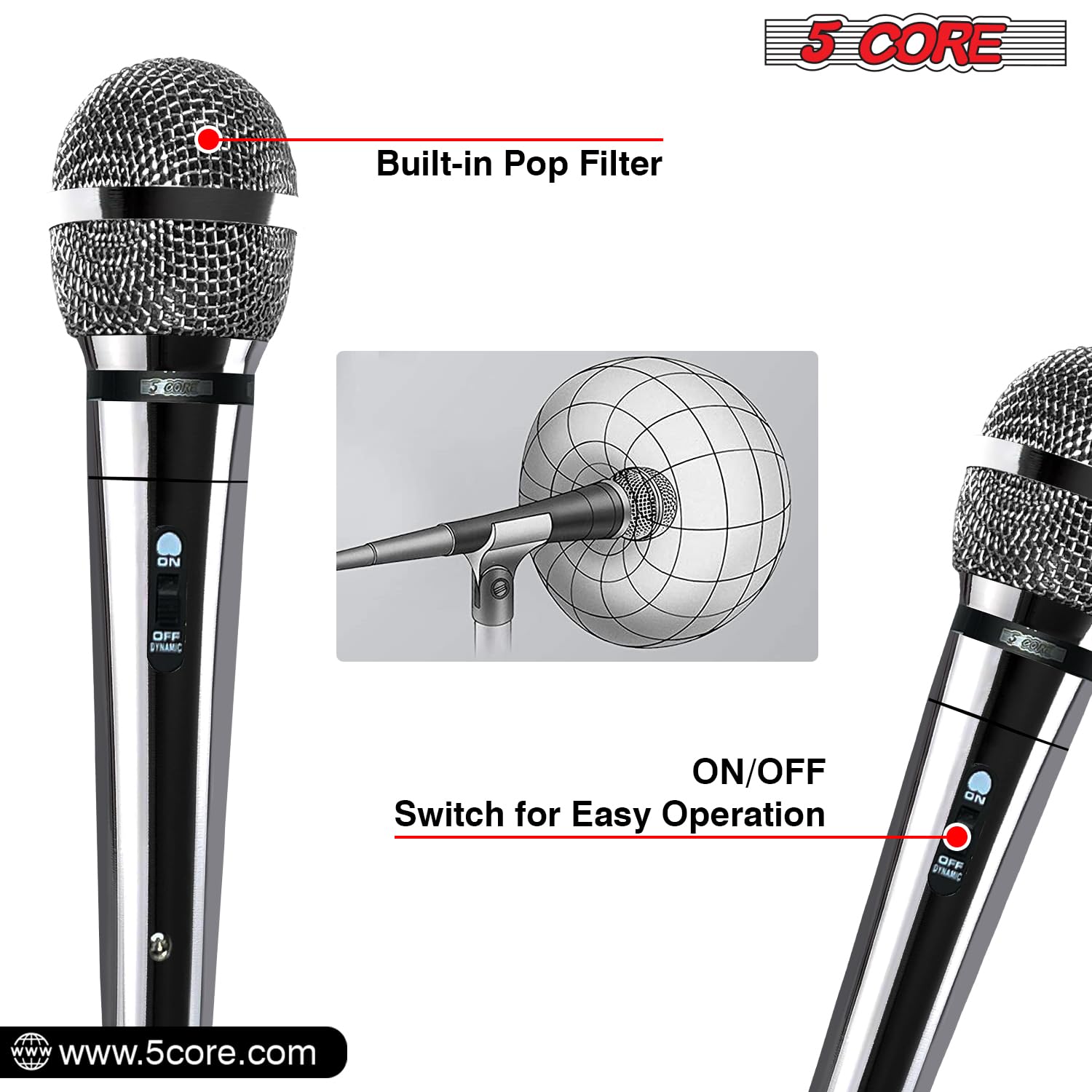 5 CORE Dynamic Handheld Microphone - Cardioid Unidirectional Mic with On/Off Switch & XLR Cable for Singing, Karaoke, Live Performances, Podcasting, and Studio Recording - PM 111 CH