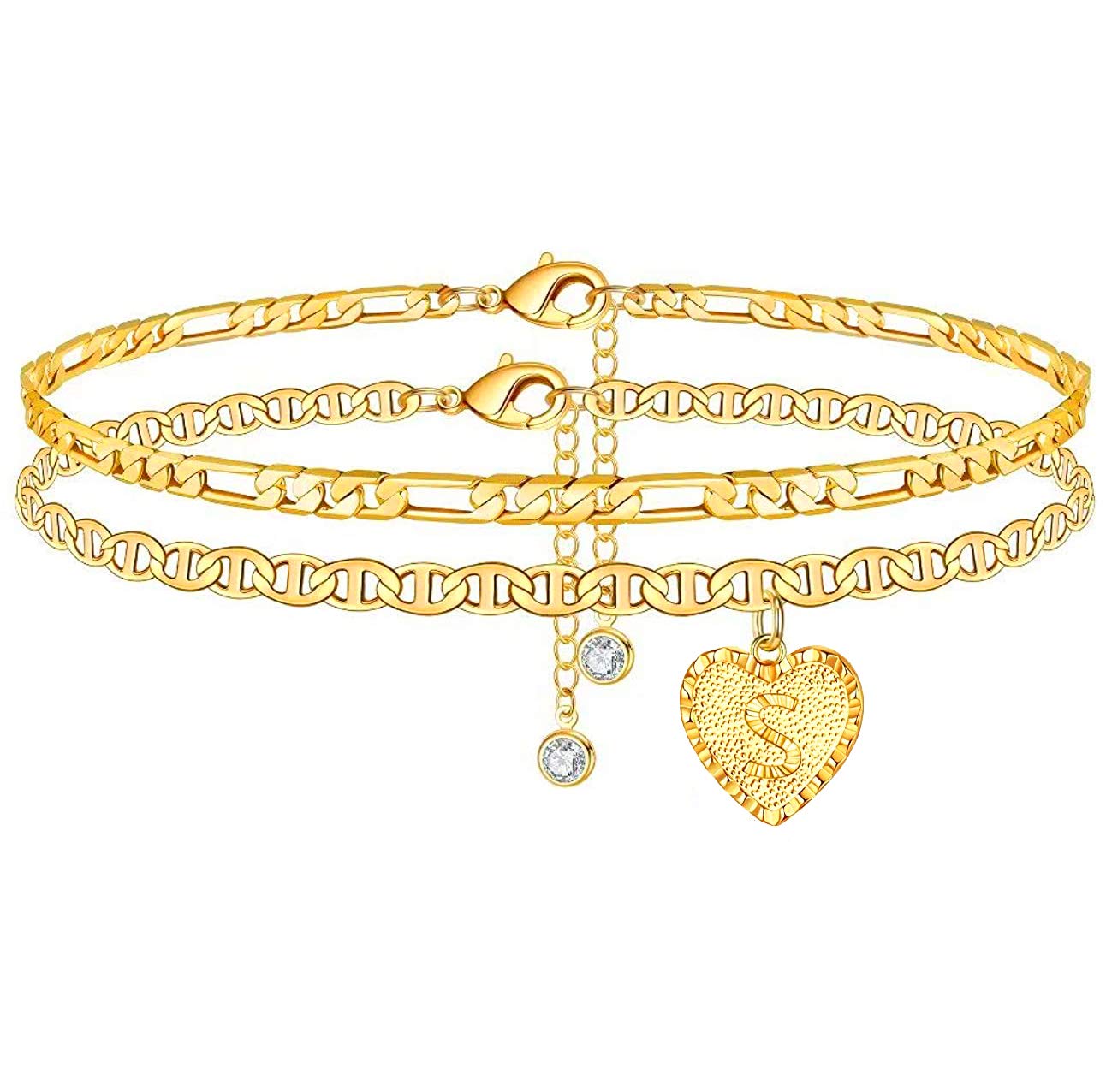 24K Gold Plated Diamond Letter Alphabet Bracelet & Anklet Set - Double Layered Mariner Chain Jewelry for Women & Girls - Perfect for Gifts, Anniversaries, Birthdays and Everyday Wear