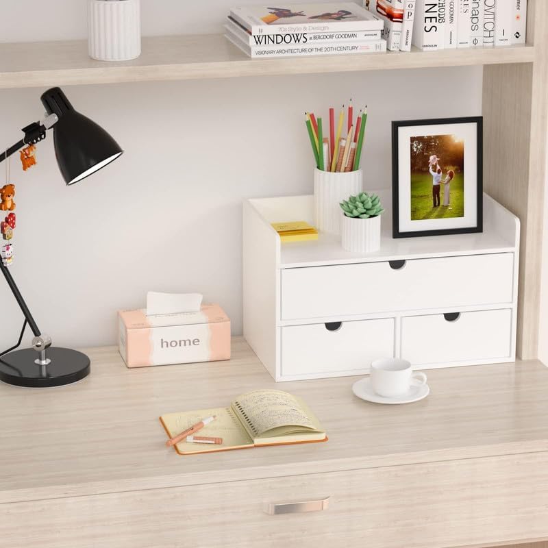 Wisuce Bamboo Desk Organizer with Shelf - Mini Tabletop Drawer for Office & Home Storage | Perfect for Organizing Cosmetics, Stationery & Small Items | White Bamboo Desktop Organizer for Workspace & Vanity