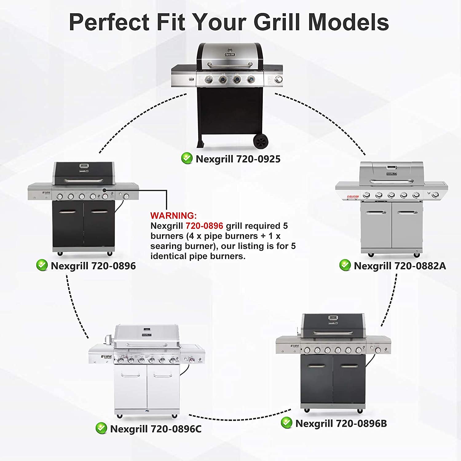Nexgrill 720-0896B 720-0896E 720-0896C Deluxe 6 Burner Grill Replacement Parts - 6-Pack Flame Tamers, Grill Burners & Igniters Compatible with Nexgrill 720-0882A 720-0896 720-0925 - Perfect for Outdoor BBQ, Backyard Grilling & Patio Cooking