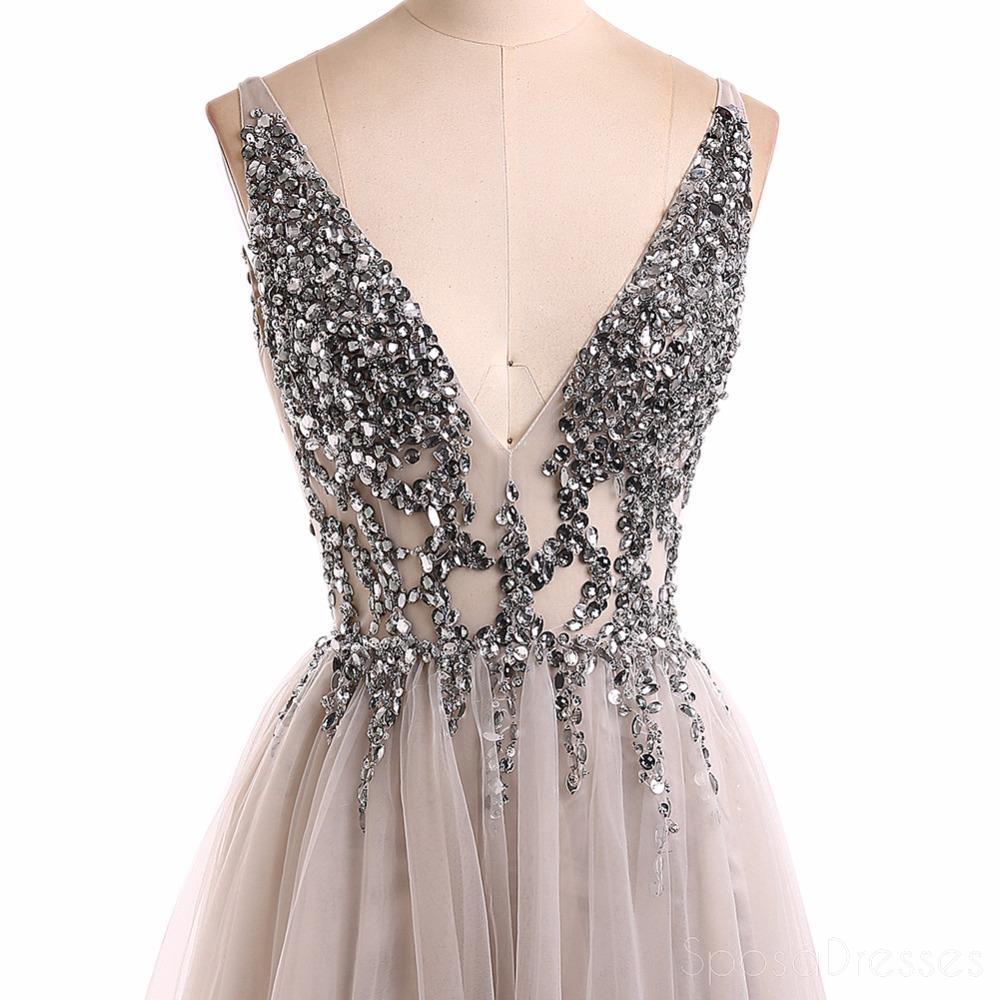 Elegant Grey V-Neck Beaded Long Evening Prom Dress for Women - Sexy See-Through Sweet 16 Dresses - Perfect for Formal Events, Parties & Special Occasions (Style 18351)