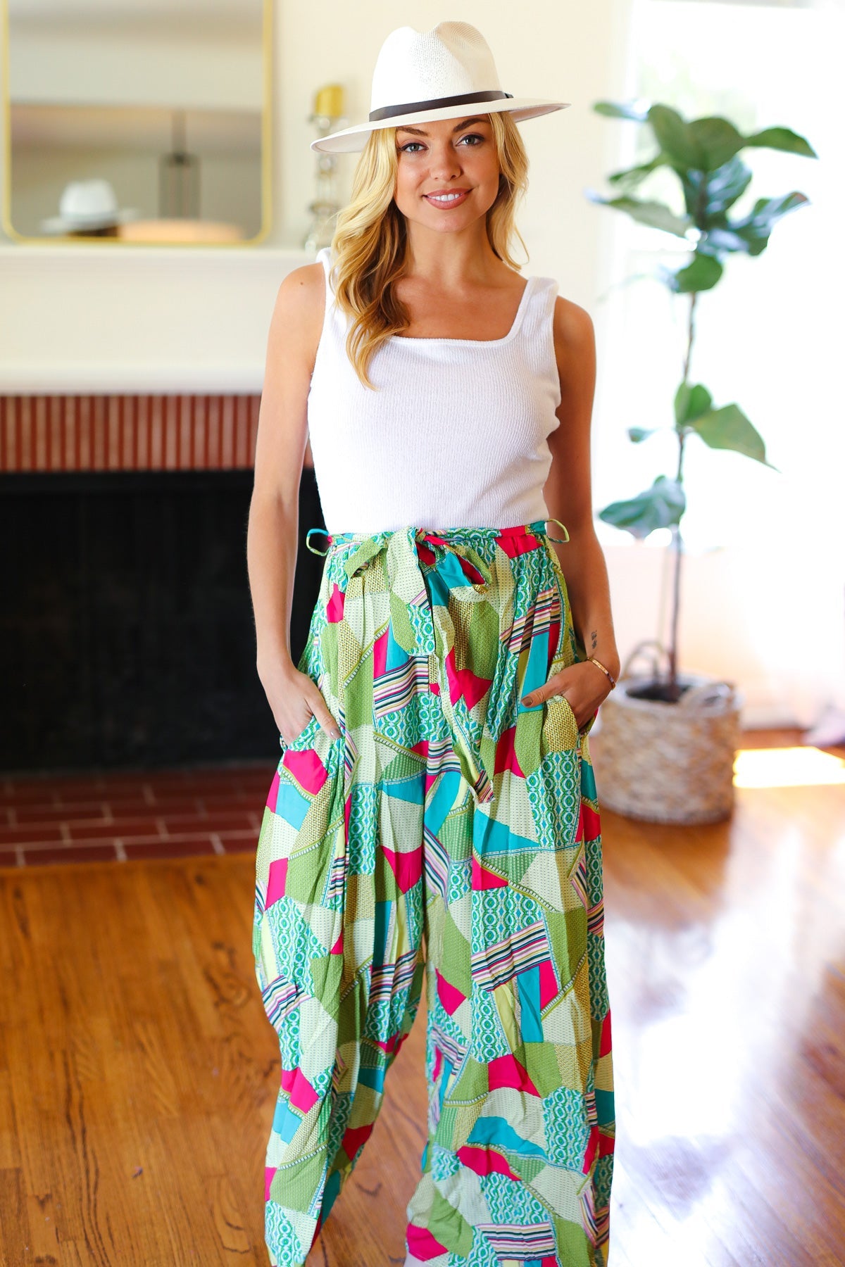 Feeling Couture Ivory & Mint Geo Print Wide Leg Jumpsuit - Women's Fashion Romper for Casual Outings, Beach Vacations & Summer Parties