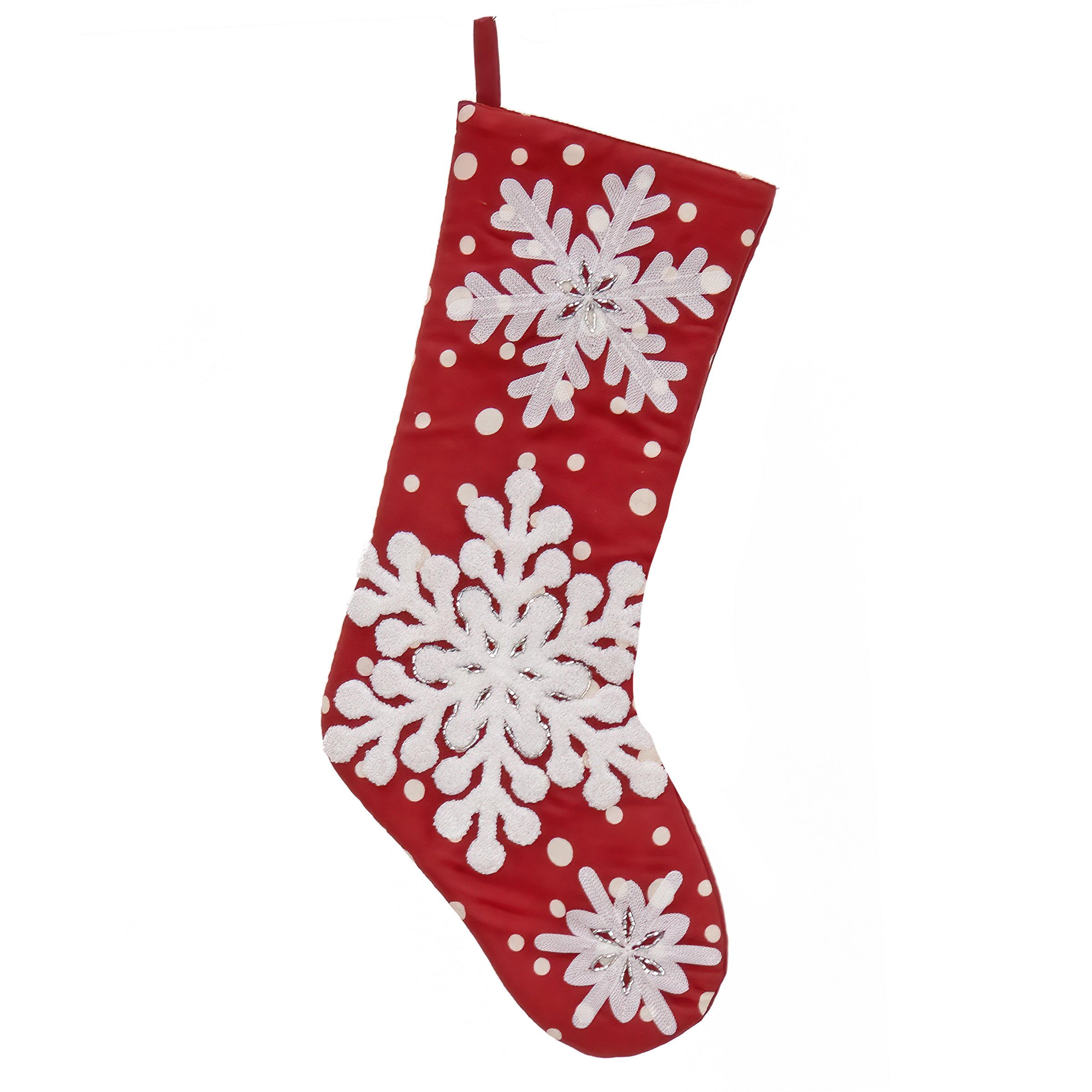 20 Inch Christmas Red Stocking with Snowflake Embroidery - Festive Holiday Decor with White Dots & Bead Details - Perfect for Fireplace Mantel, Gift Exchange & Christmas Tree Decorations