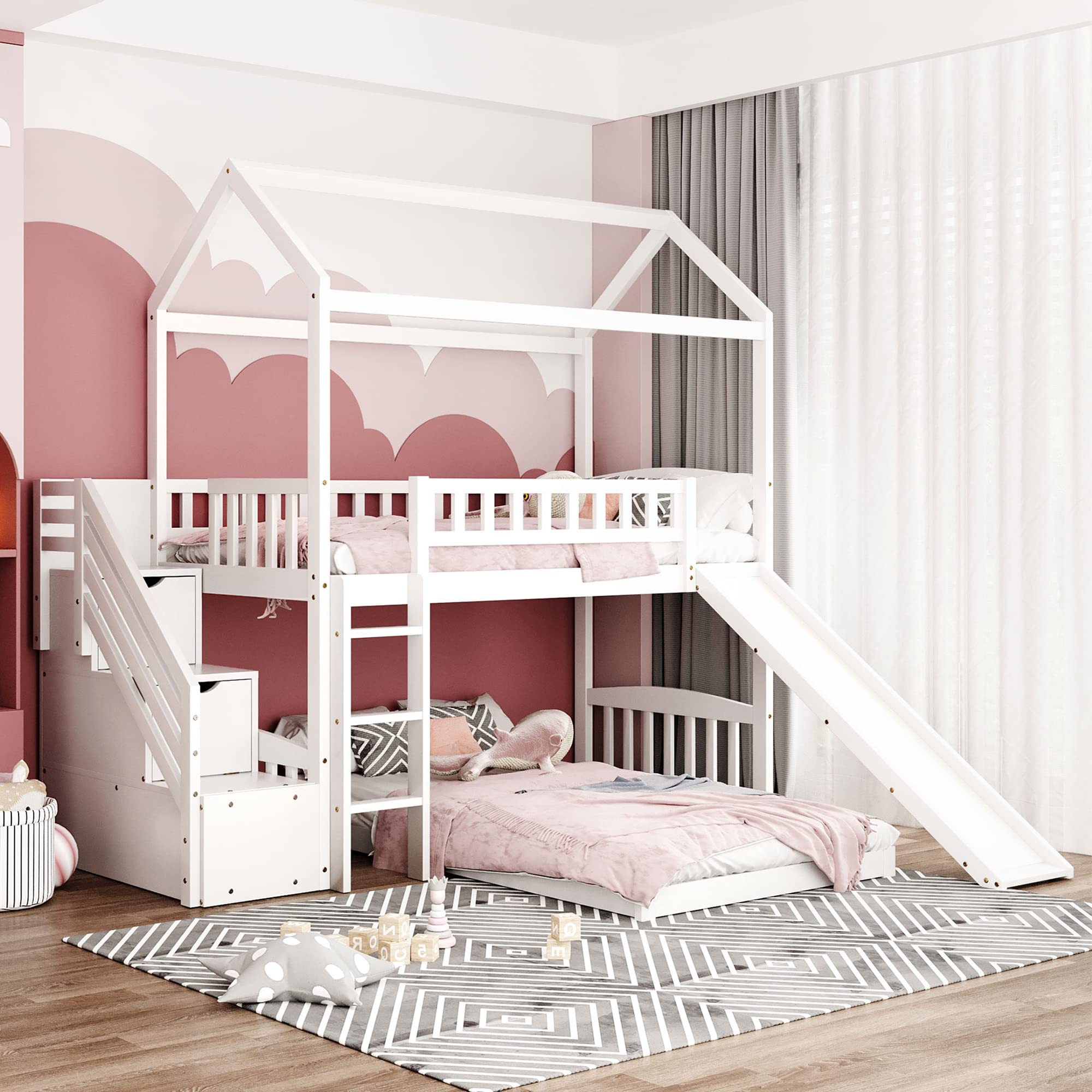 **MERITLINE Twin Over Twin Bunk Bed with Slide & Stairs - Wooden Kids Bunk Bed with Roof & 2 Drawers for Boys & Girls - No Box Spring Needed - White - Perfect for Kids' Bedrooms, Playrooms & Sleepovers**
