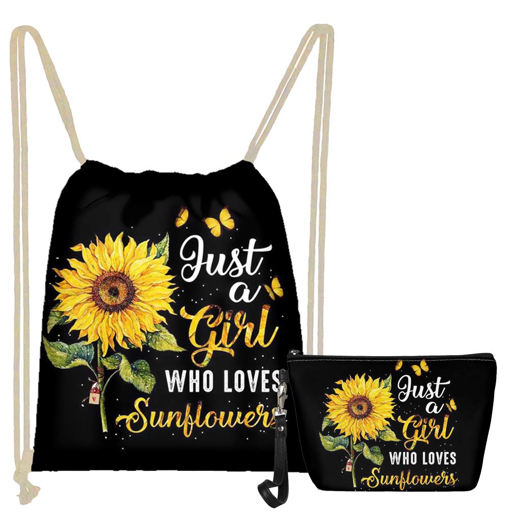 **Sunflower Gifts for Women - 2-Piece Leather Cosmetic Bags & Drawstring Backpack Set | Cute Sunflower Makeup Pouches & Lightweight Gym Bags for Girls, Teens & Kids | Perfect for Travel, Gym, School & Christmas Presents**
