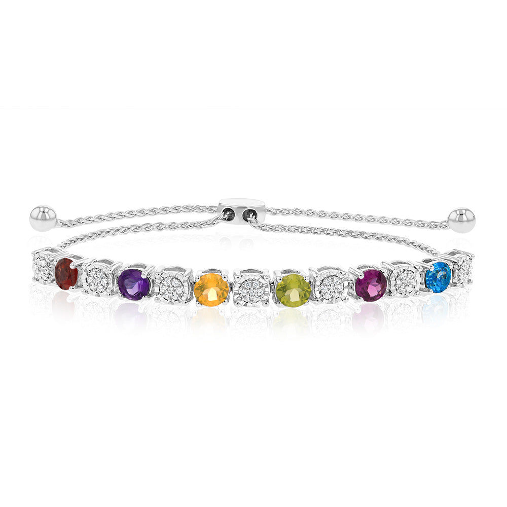 1.86Ct Multicolor Gemstone Bracelet (Garnet, Amethyst, Citrine, Peridot, Rhodolite, London Blue Topaz) with 49 Diamonds in Sterling Silver - Elegant Jewelry for Women, Perfect Gift for Birthday, Anniversary & Special Occasions