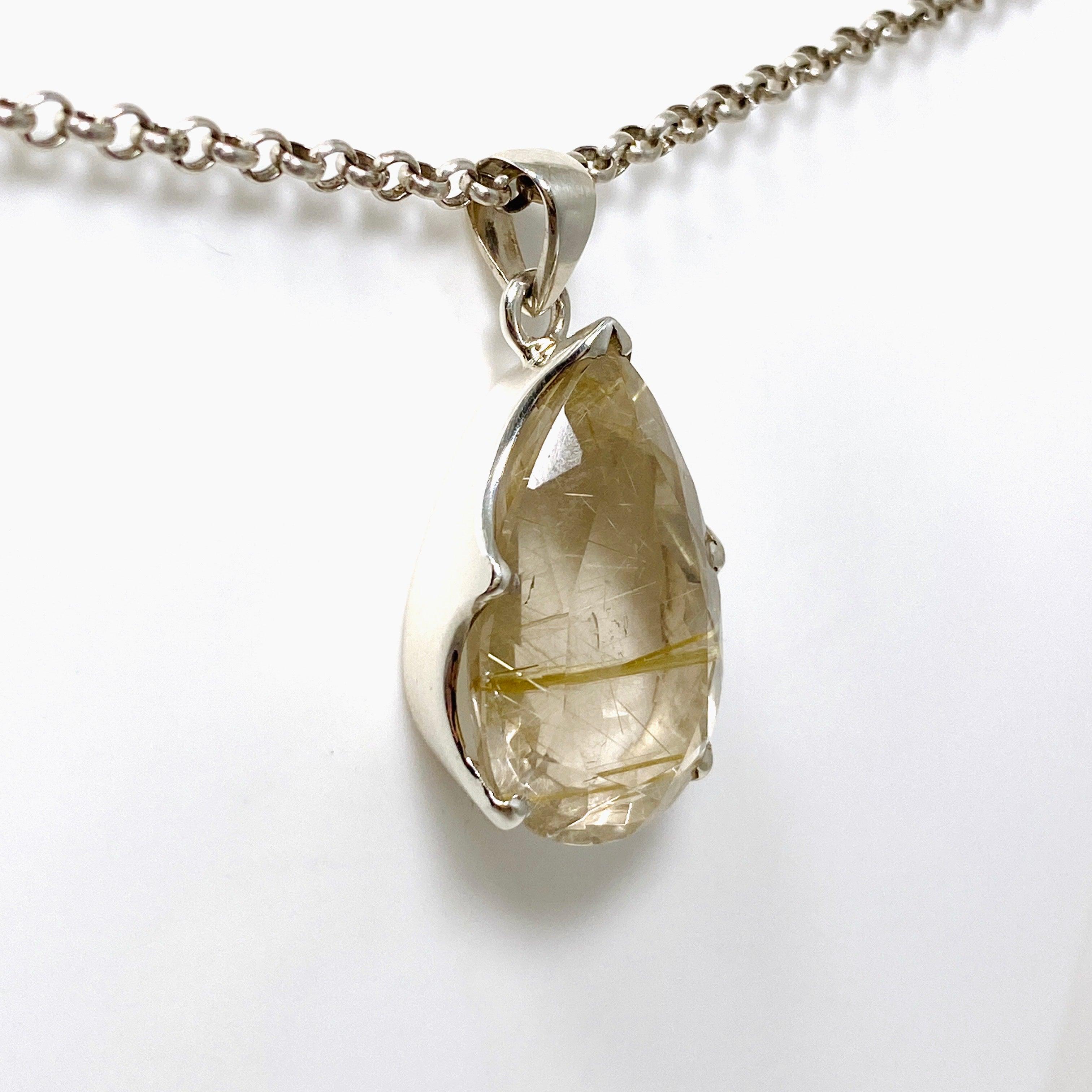 Natural Rutilated Quartz Faceted Teardrop Pendant Necklace - Elegant Golden Needle Inclusions - Perfect for Spiritual Healing, Meditation & Boho Jewelry Collection