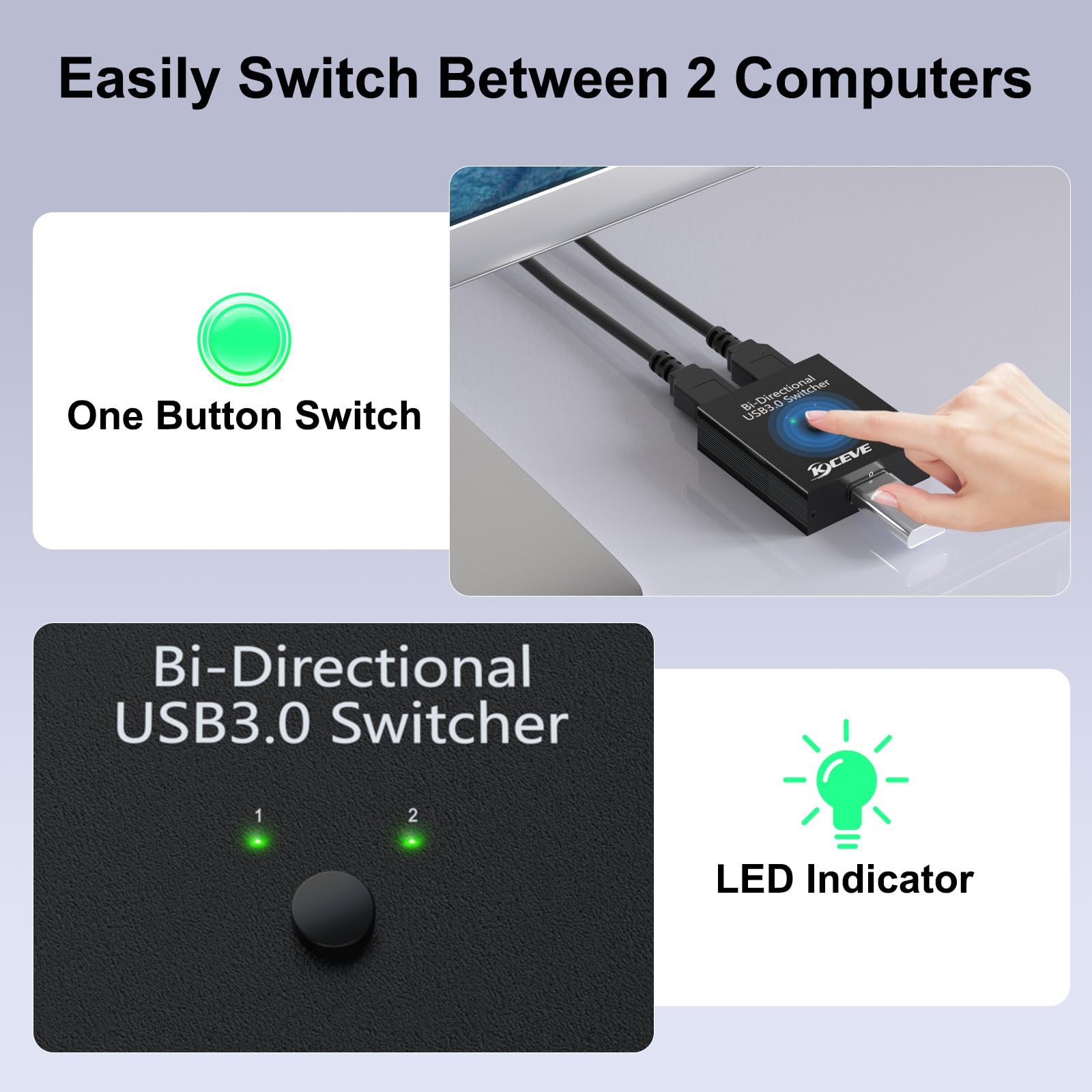 MLEEDA USB 3.0 Switch Selector - 2 in 1 Out / 1 in 2 Out Bi-Directional USB Switcher for Sharing Keyboard, Mouse, Scanner & Printer Between 2 Computers - Perfect for Home Office & Multi-Device Workstations