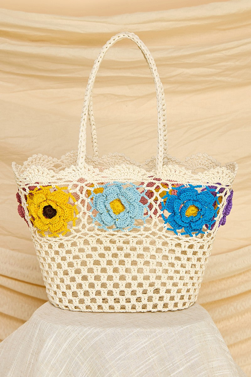 Crochet Pop Flower Basket Tote Bag - Handmade Boho Beach Bag for Women, Summer Picnic, Farmers Market & Shopping - Stylish & Durable Cotton Yarn Tote