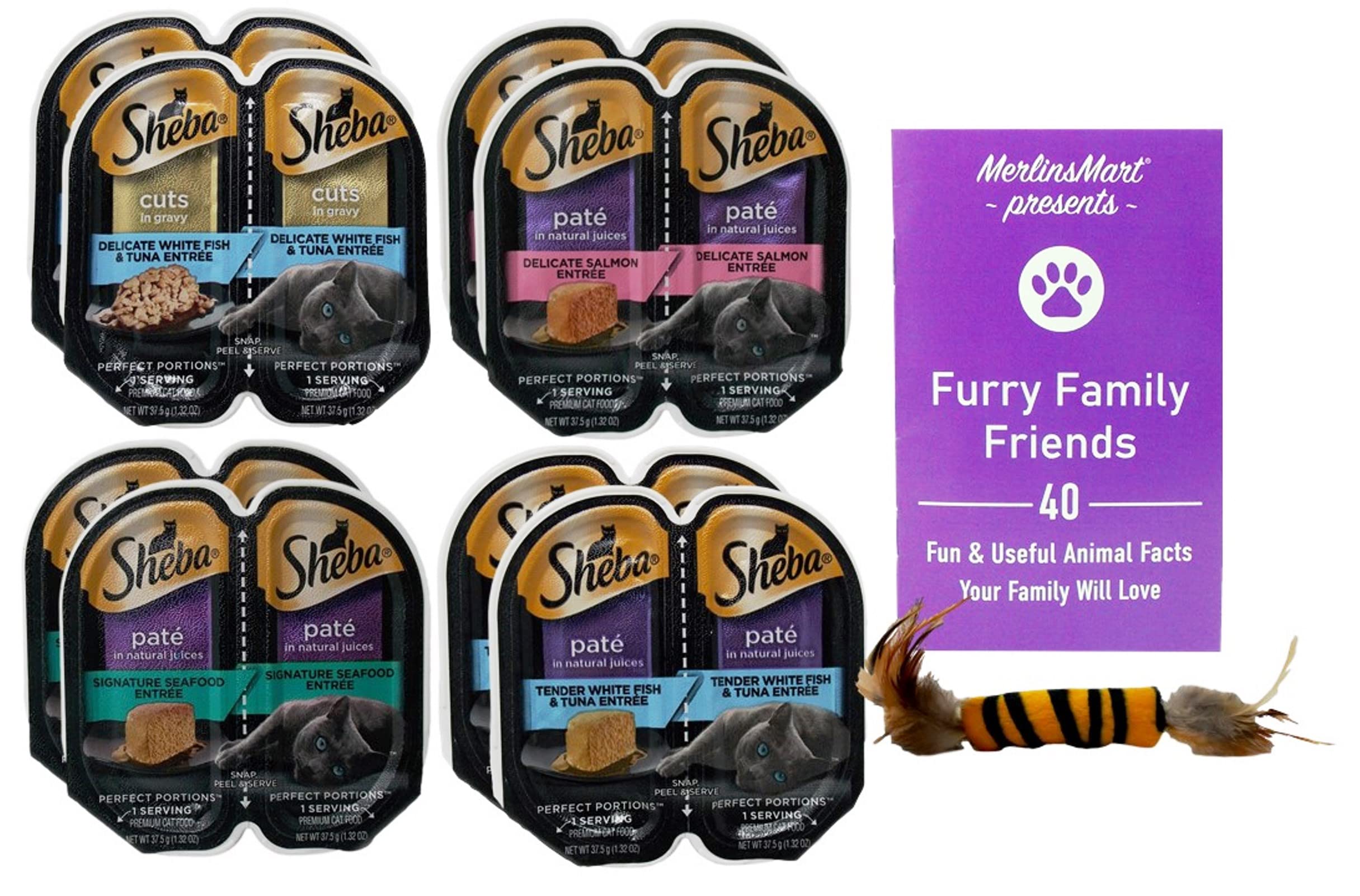 Premium Sheba Perfect Portions Wet Cat Food Variety Pack - 8 Cans (4 Flavors: Salmon, Seafood, Whitefish Tuna Cuts, Whitefish Tuna Pate) 2.6oz Each + Catnip Toy & Fun Facts Booklet - Perfect for Indoor Cats, Picky Eaters & Multi-Cat Households