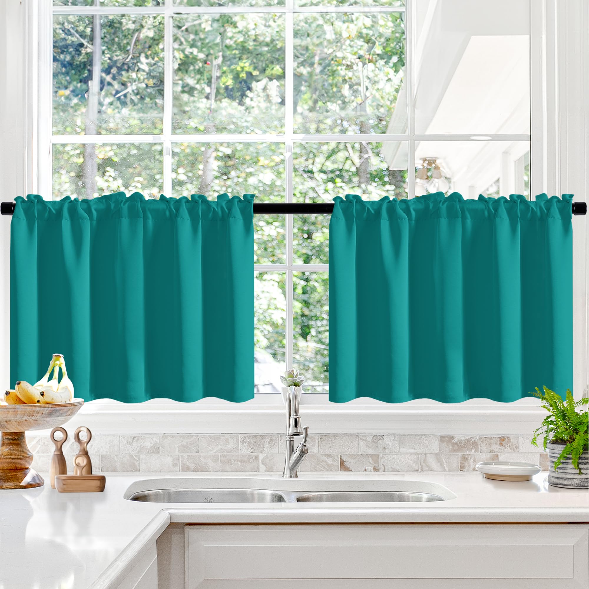 Deconovo 24 Inch Cafe Curtains - Blackout Short Window Panels for Kitchen, Bedroom & Living Room - 2 Pack Teal Valance Curtains (42