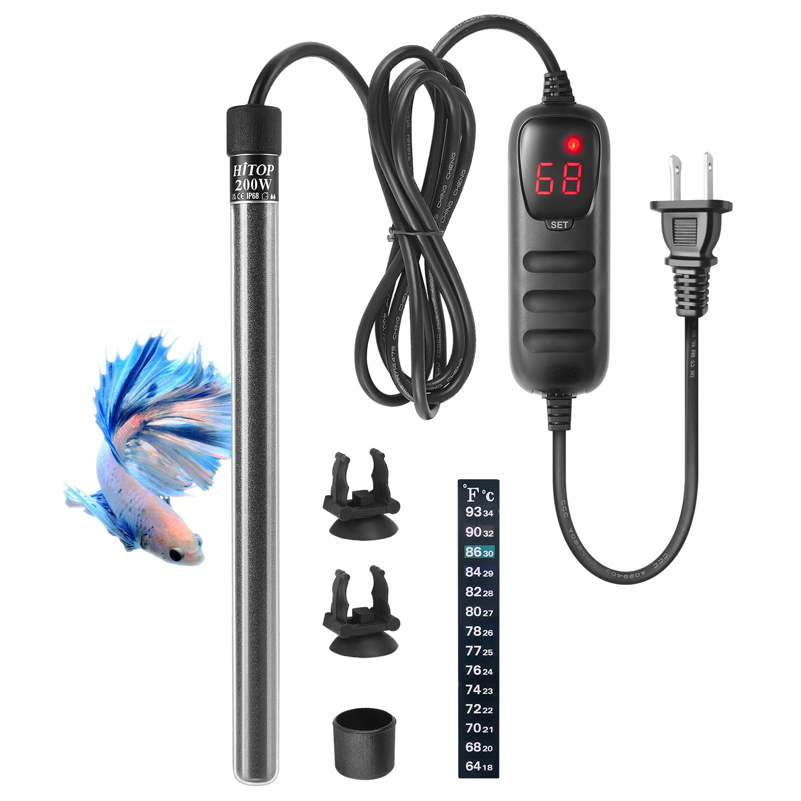 HITOP 200W Mini Submersible Aquarium Heater - Digital Fish Tank & Turtle Tank Heater for 25-50 Gallon Saltwater & Freshwater with Temperature Controller - Perfect for Home Aquariums & Reptile Habitats