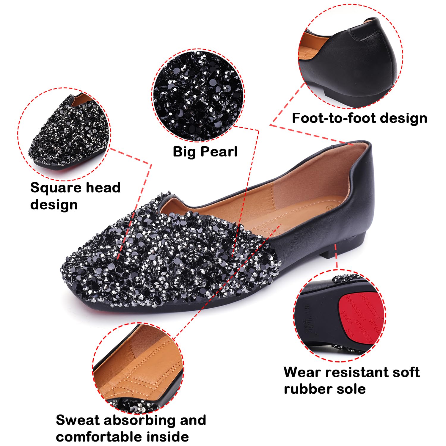 Sparkly Rhinestone Ballet Flats for Women - Comfortable Square Toe Slip-On Dress Shoes with Low Heel | Perfect for Weddings, Parties & Office Wear