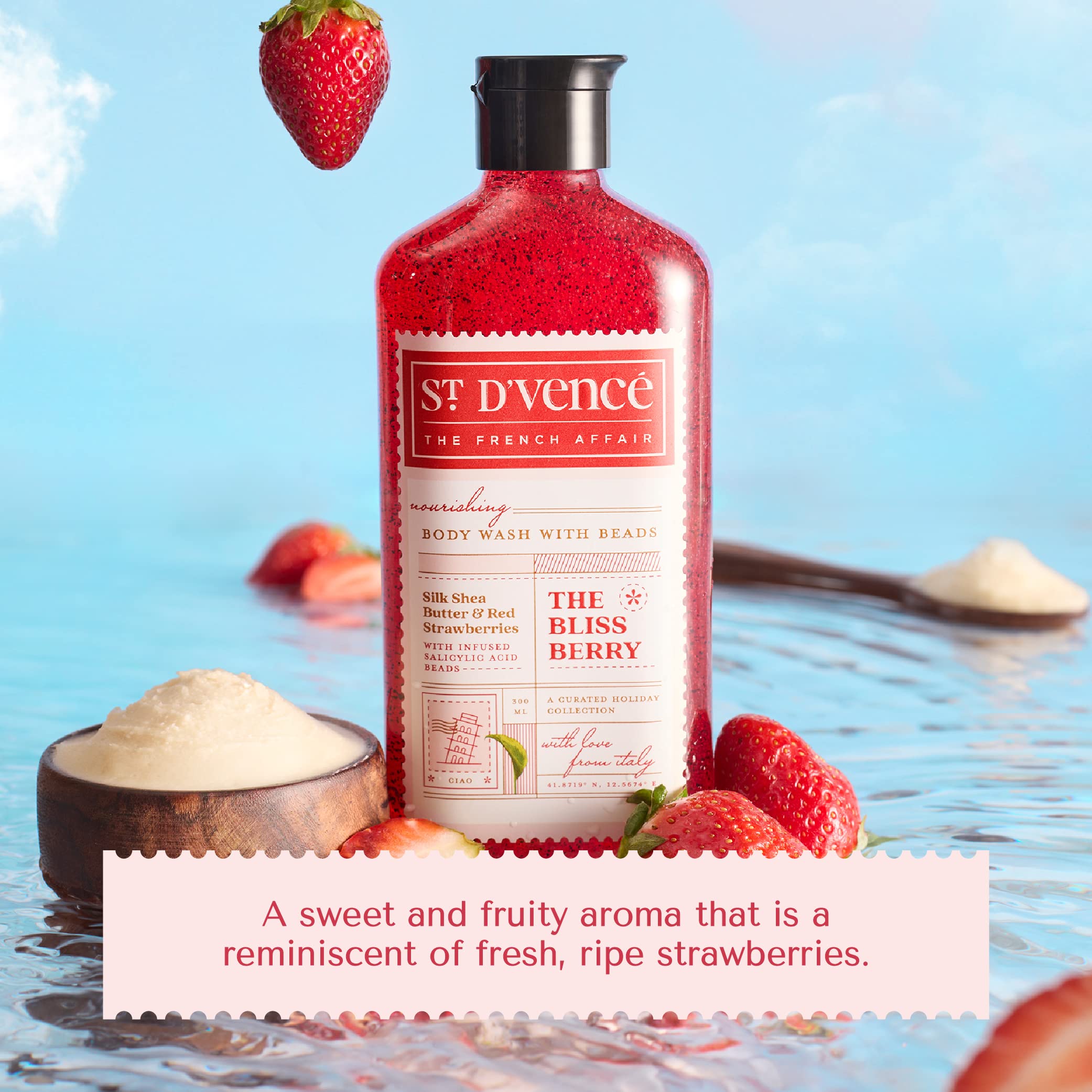 St. D'vence Bliss Berry Salicylic Acid Body Wash with Strawberry & Shea Butter - Exfoliating Shower Gel for Women & Men | Tan Removal, Paraben & SLS Free | 300ml | Perfect for Summer Skincare & Post-Sun Care