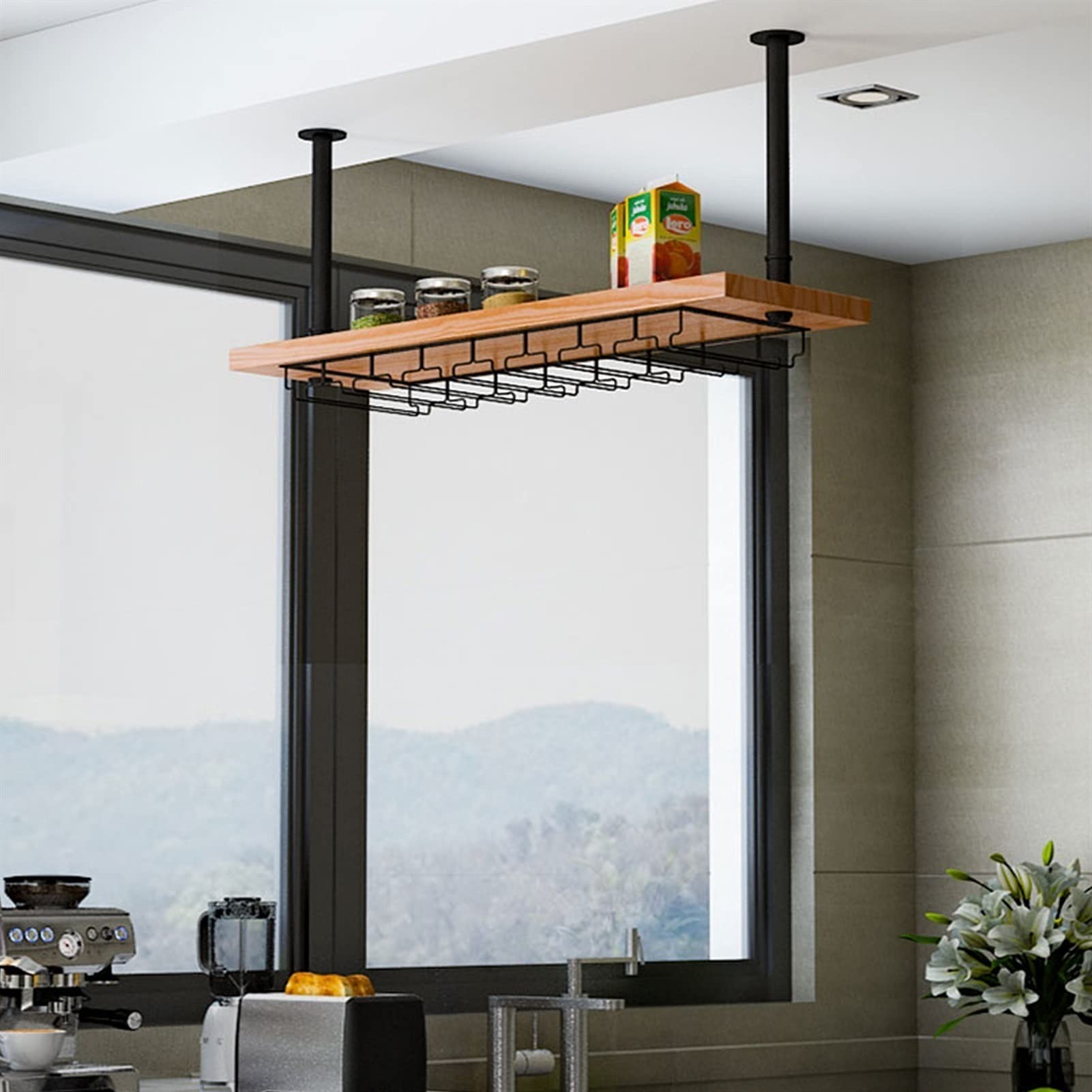 Industrial Wooden Wall Mounted Bottle & Glass Holder - Ceiling Wine Glass Rack, Floating Shelf for Kitchen, Bar, Restaurant & Home Decor - Perfect for Wine Storage & Display